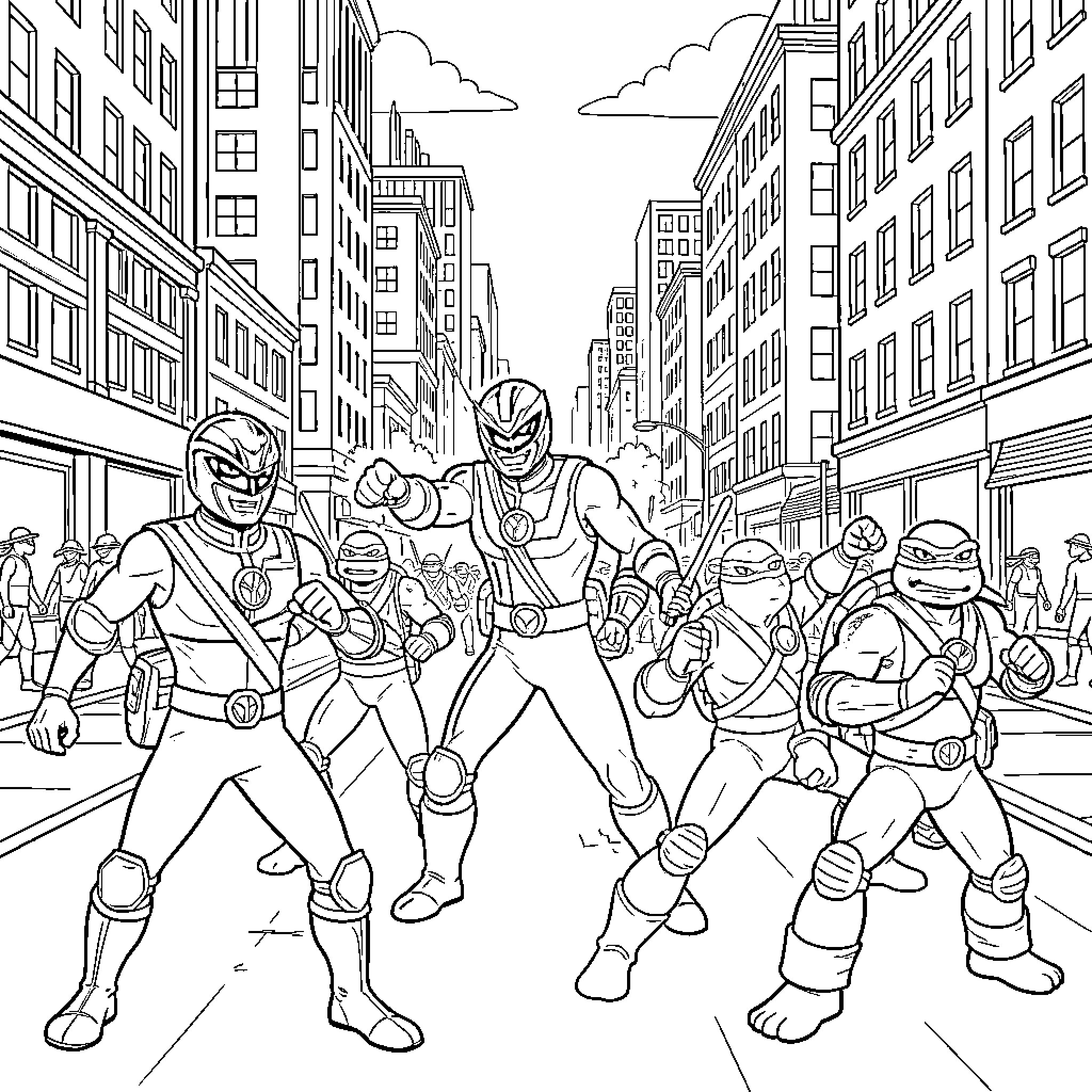 Power Rangers battling in the city streets Coloring Page (free black-and-white line drawing printable PDF for all, from beginners to advanced learners, including children, teens, adults, and seniors)
