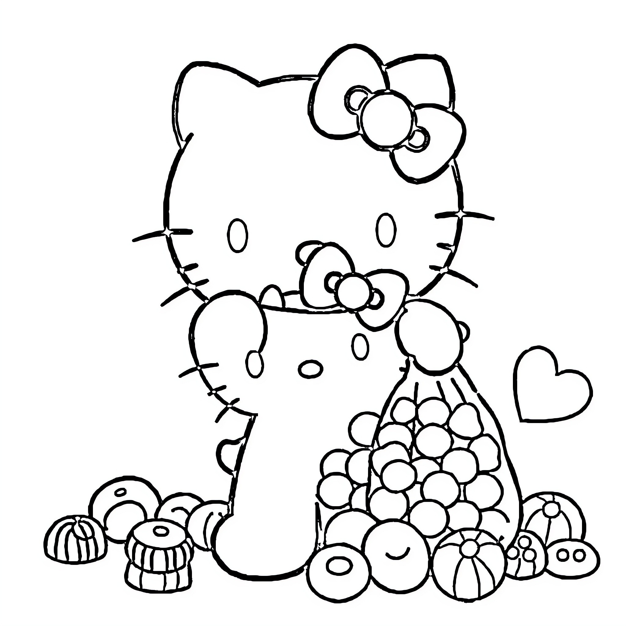 Hello Kitty enjoying sweets and treats Coloring Page (free black-and-white line drawing printable PDF for all, from beginners to advanced learners, including children, teens, adults, and seniors)