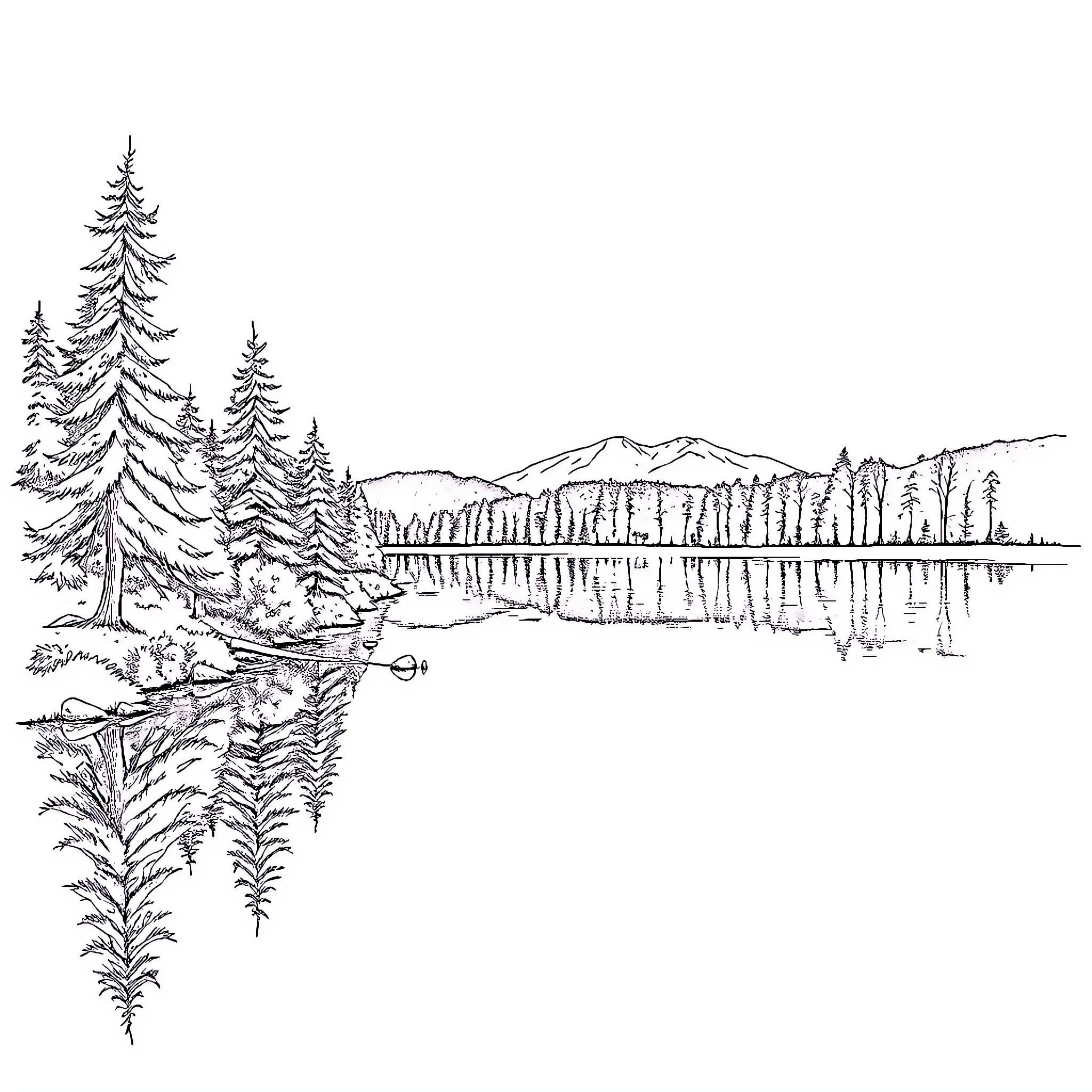 Lake with snowy mountains and forest landscape Coloring Page (free black-and-white line drawing printable PDF for all, from beginners to advanced learners, including children, teens, adults, and seniors)