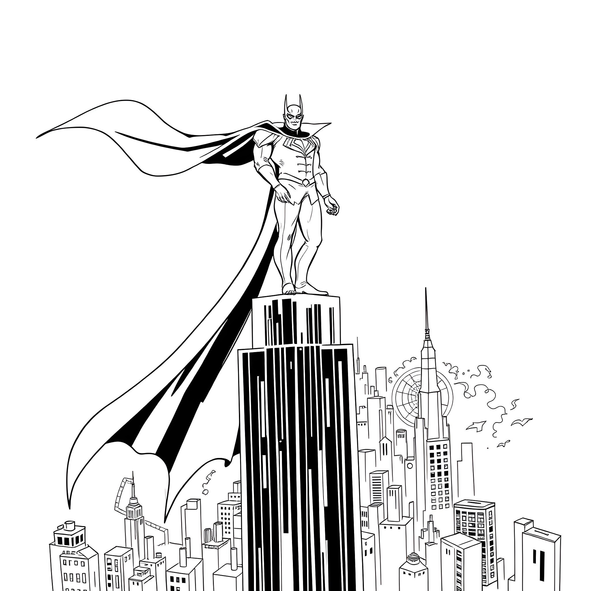Super Villain Soaring Over the City Coloring Page (free black-and-white line drawing printable PDF for all, from beginners to advanced learners, including children, teens, adults, and seniors)
