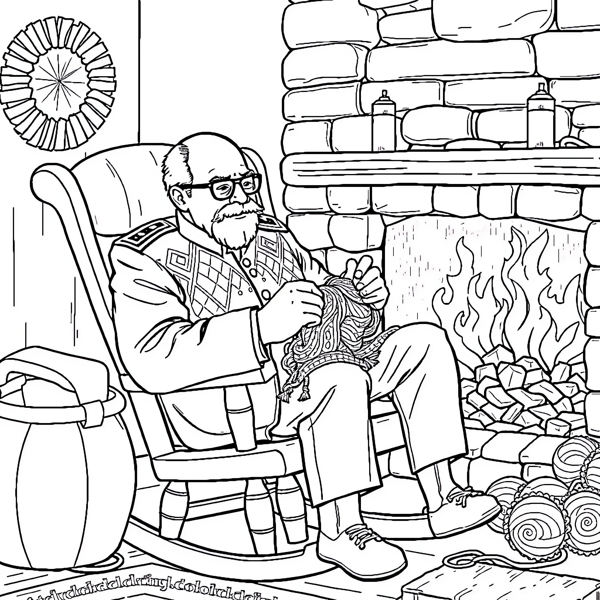 Daimos: An elderly man enjoying the warmth of a fireplace Coloring Page (free black-and-white line drawing printable PDF for all, from beginners to advanced learners, including children, teens, adults, and seniors)