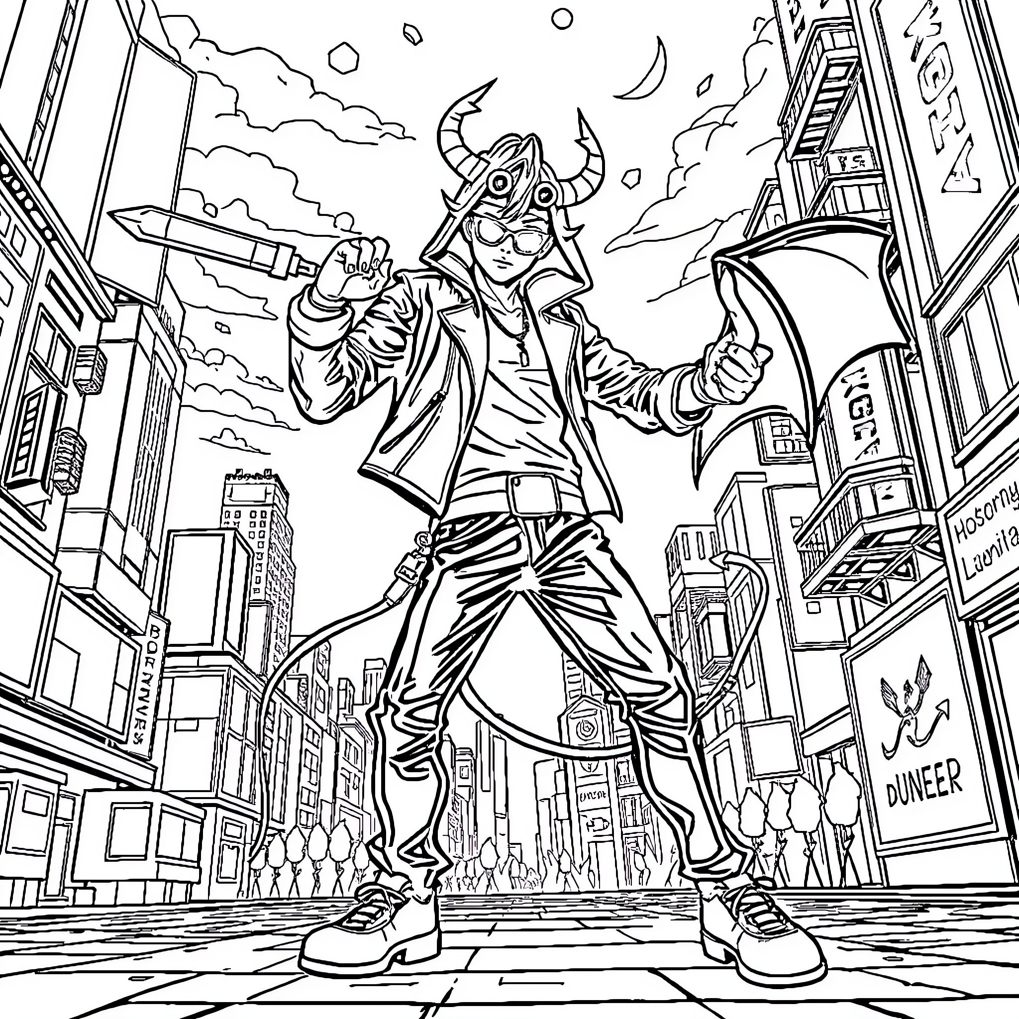 Demon Hunter battles in the city streets Coloring Page (free black-and-white line drawing printable PDF for all, from beginners to advanced learners, including children, teens, adults, and seniors)