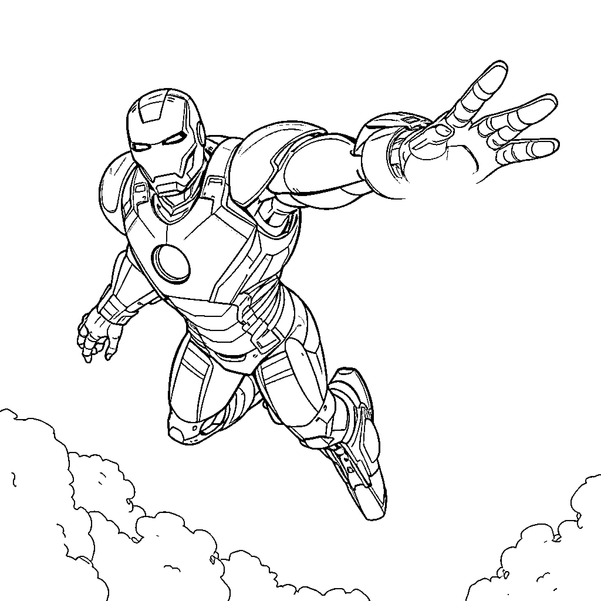 Ironman in flight with outstretched hands Coloring Page (free black-and-white line drawing printable PDF for all, from beginners to advanced learners, including children, teens, adults, and seniors)