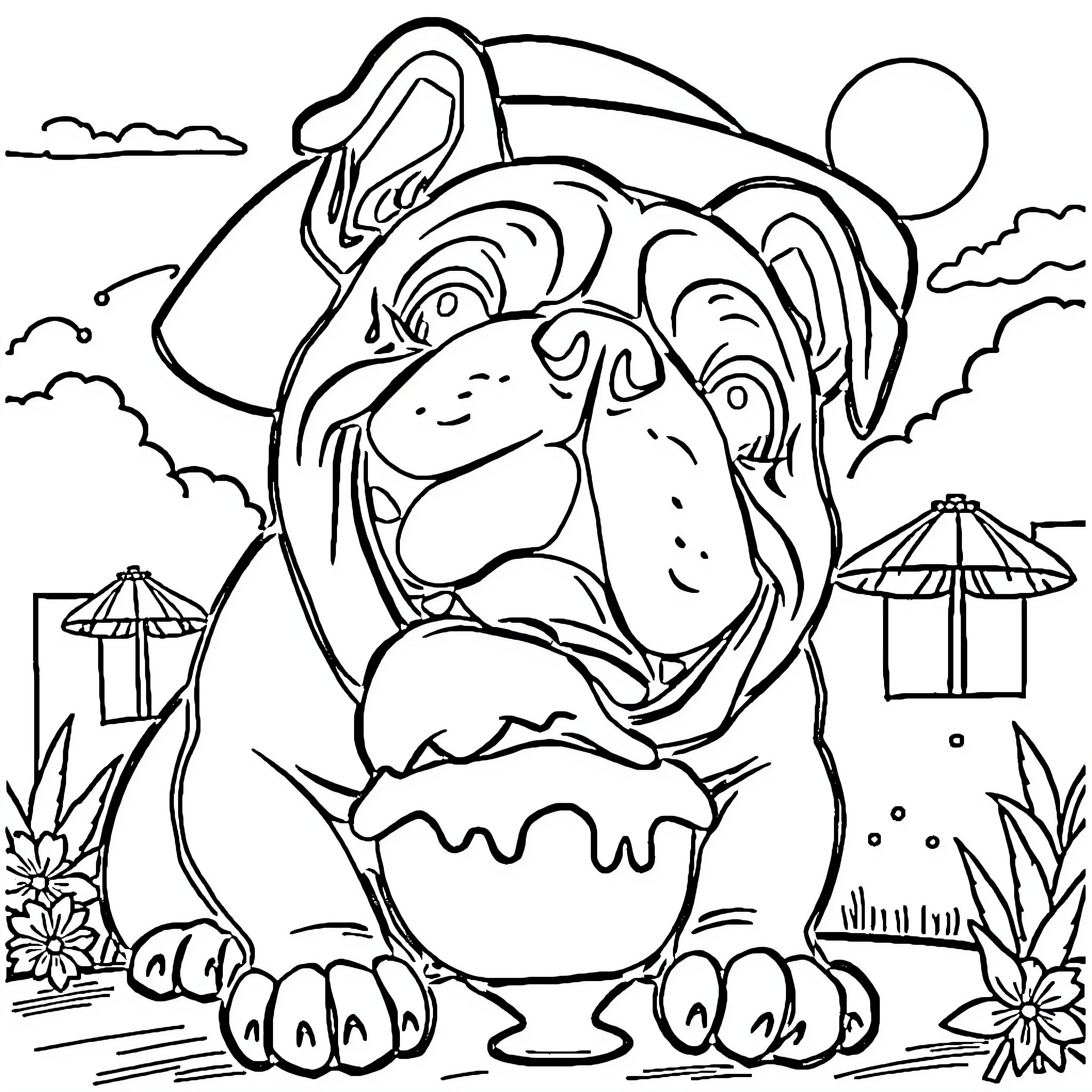 Bulldog enjoying an ice cream treat on a sunny day Coloring Page (free black-and-white line drawing printable PDF for all, from beginners to advanced learners, including children, teens, adults, and seniors)