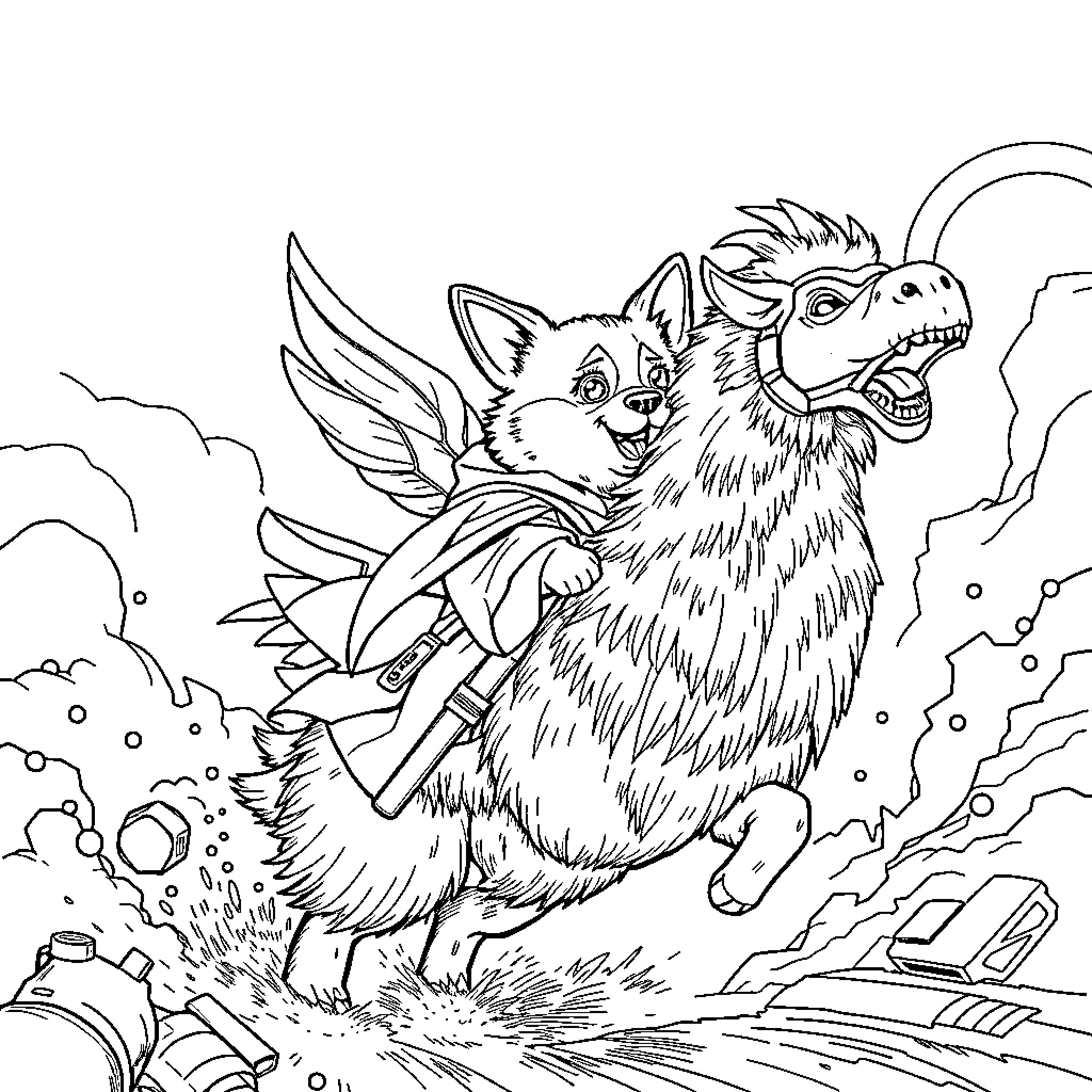 Jedi Corgi embarking on an intergalactic adventure Coloring Page (free black-and-white line drawing printable PDF for all, from beginners to advanced learners, including children, teens, adults, and seniors)