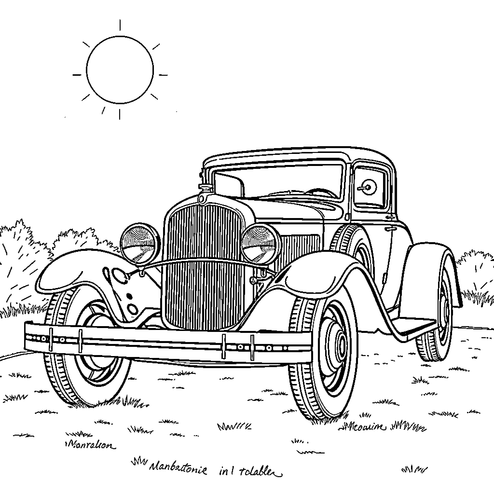 Model A Vintage Automobile on Rural Road Coloring Page (free black-and-white line drawing printable PDF for all, from beginners to advanced learners, including children, teens, adults, and seniors)