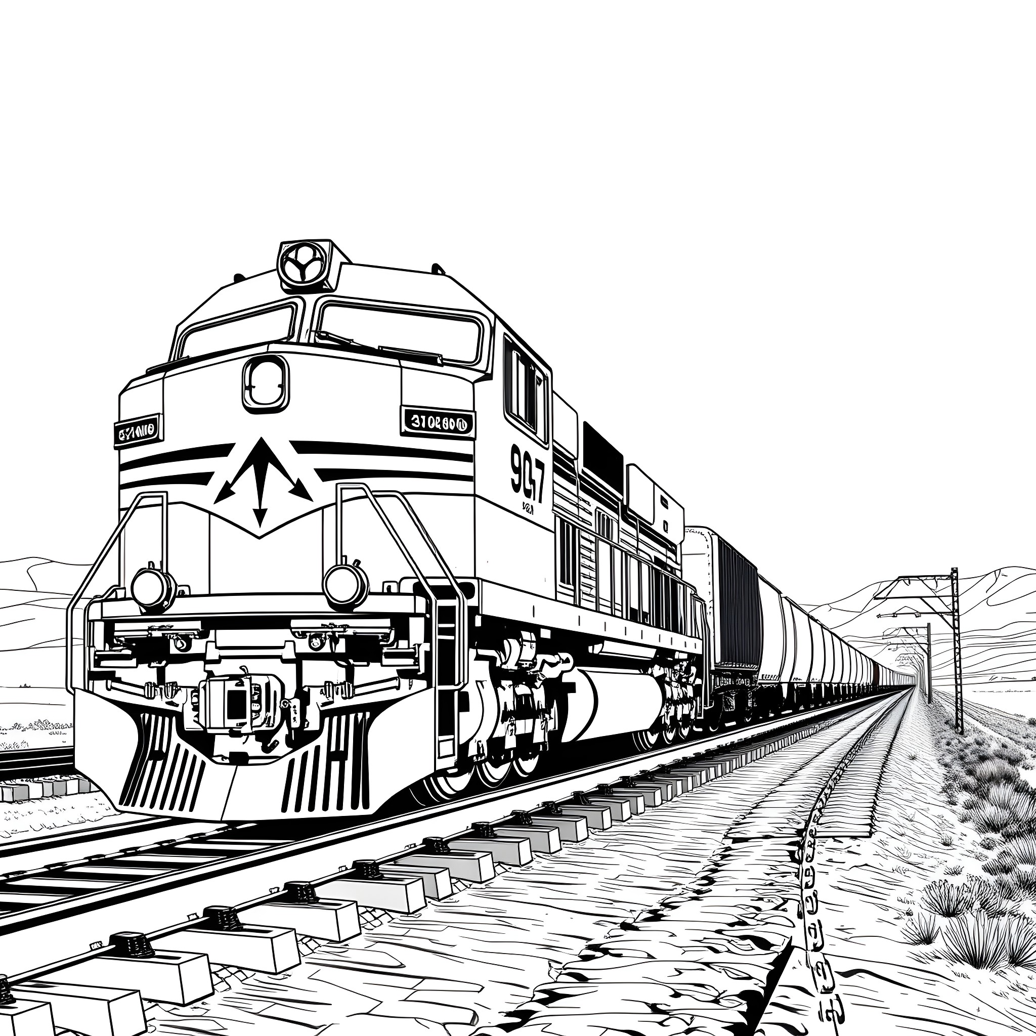 Locomotive pulling freight cars through the desert Coloring Page (free black-and-white line drawing printable PDF for all, from beginners to advanced learners, including children, teens, adults, and seniors)