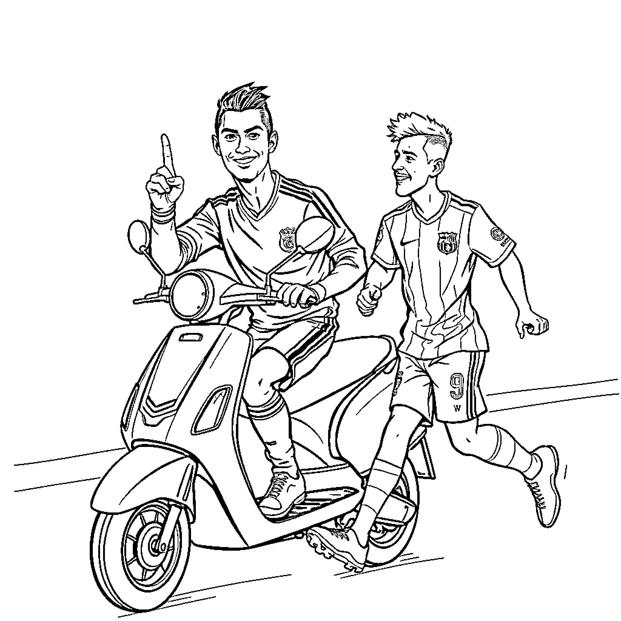 Cristiano Ronaldo riding scooter with teammate Coloring Page (free black-and-white line drawing printable PDF for all, from beginners to advanced learners, including children, teens, adults, and seniors)