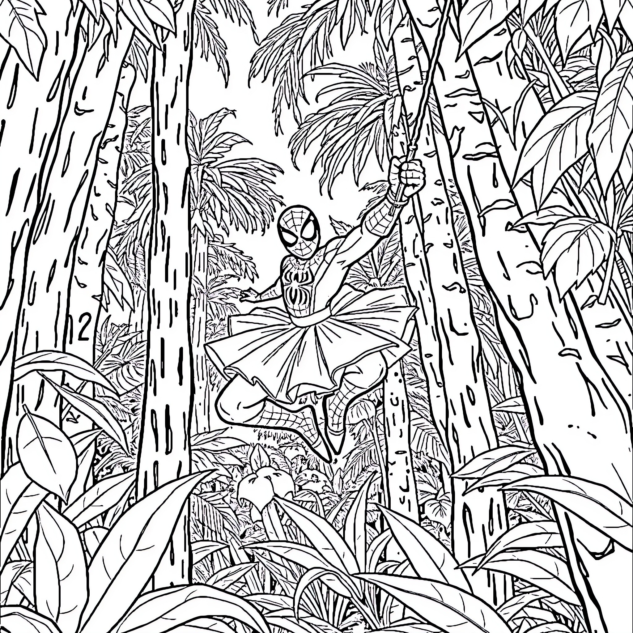Spider-Man swinging through jungle landscape Coloring Page (free black-and-white line drawing printable PDF for all, from beginners to advanced learners, including children, teens, adults, and seniors)