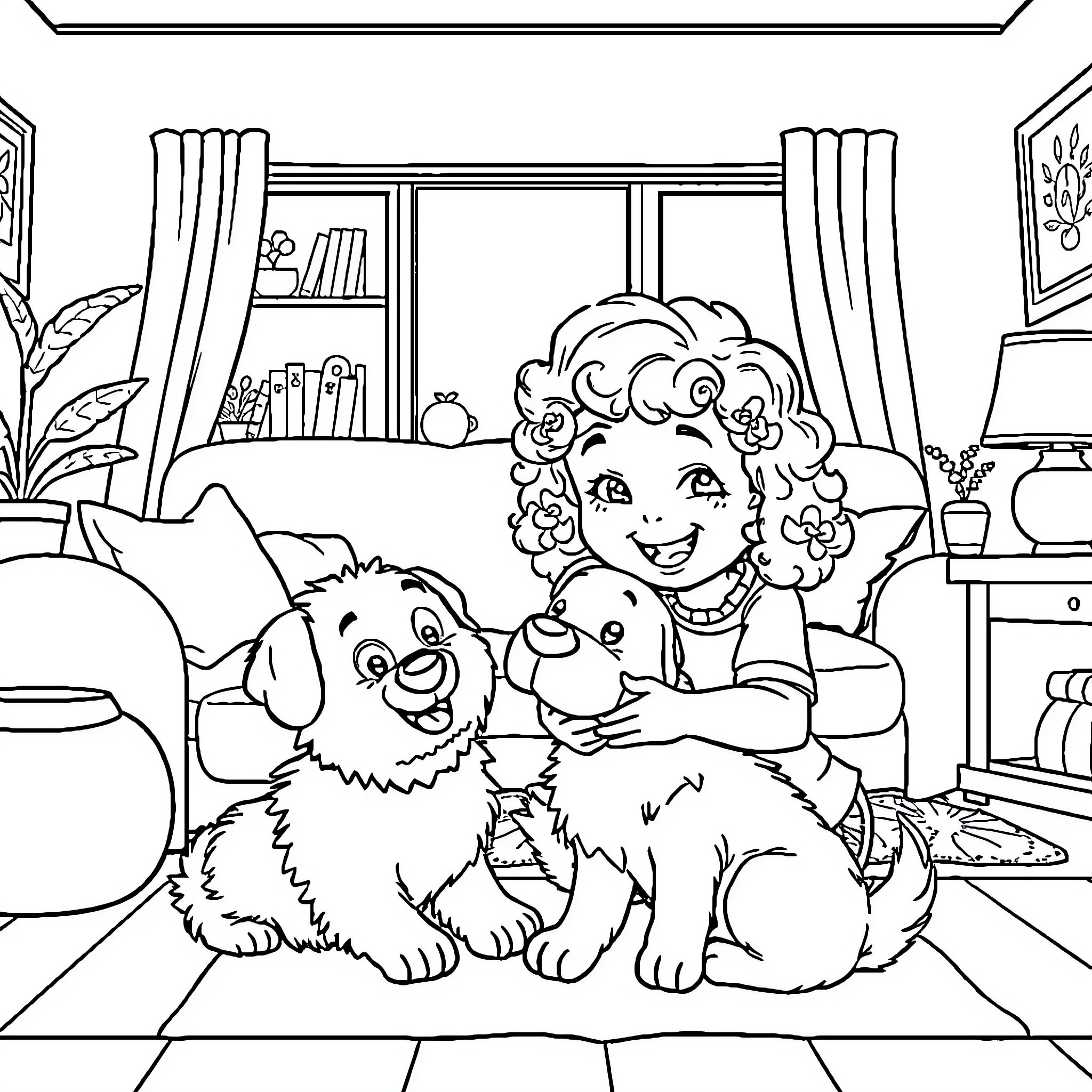 Girl playing with cute puppies in cozy room Coloring Page (free black-and-white line drawing printable PDF for all, from beginners to advanced learners, including children, teens, adults, and seniors)