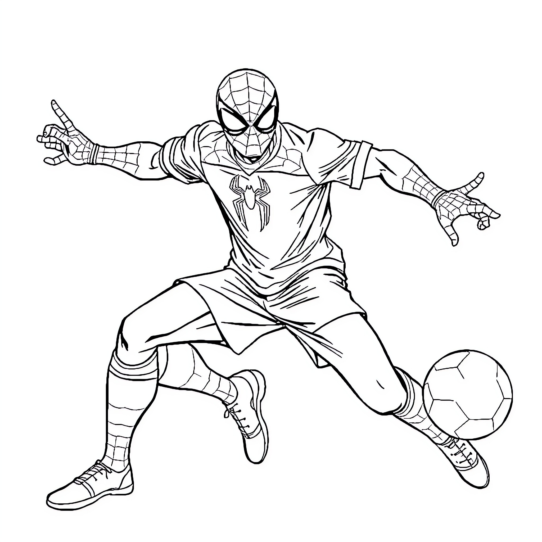 Football Spiderman scoring a goal in a superhero uniform Coloring Page (free black-and-white line drawing printable PDF for all, from beginners to advanced learners, including children, teens, adults, and seniors)