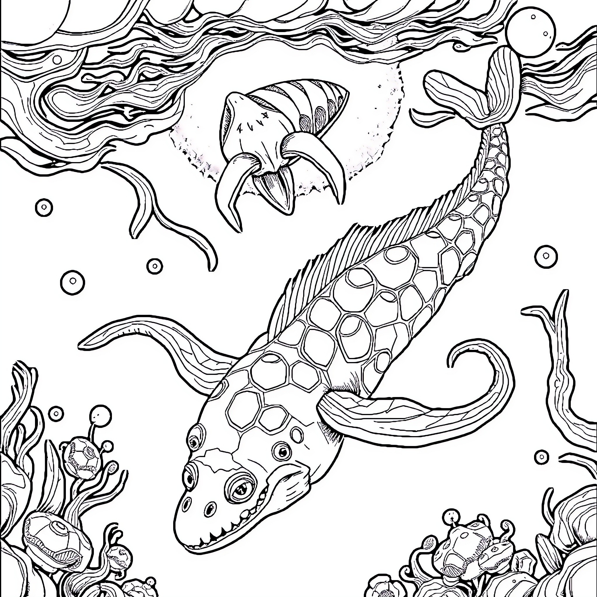 Sea Creature swimming amid colorful underwater scenery Coloring Page (free black-and-white line drawing printable PDF for all, from beginners to advanced learners, including children, teens, adults, and seniors)