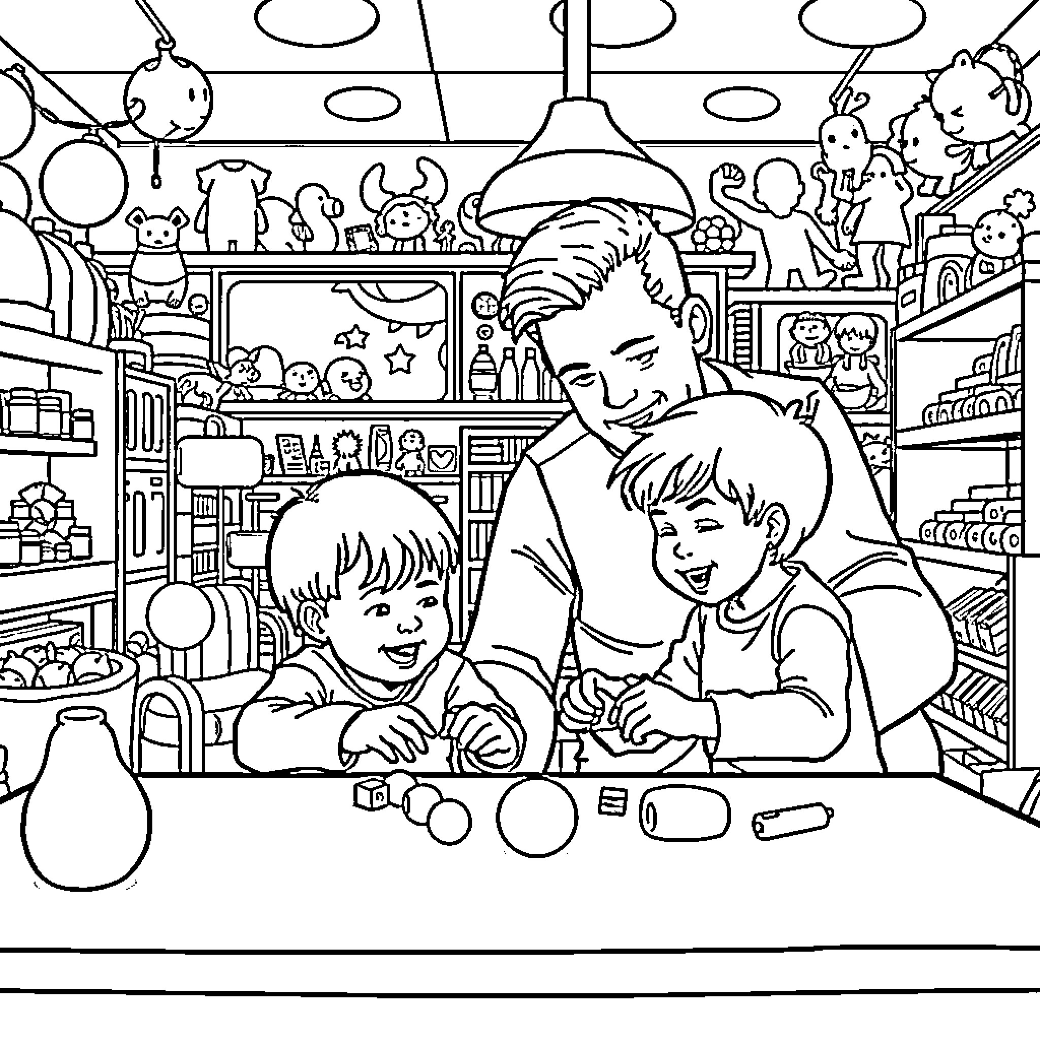 Twin Boys Exploring Toy Store with Father Coloring Page (free black-and-white line drawing printable PDF for all, from beginners to advanced learners, including children, teens, adults, and seniors)