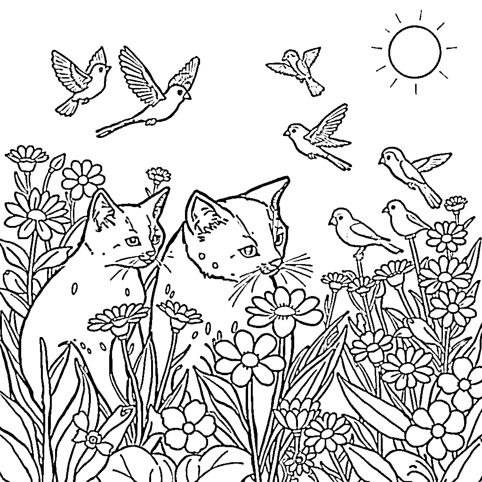 Cats exploring a lush floral garden with birds Coloring Page (free black-and-white line drawing printable PDF for all, from beginners to advanced learners, including children, teens, adults, and seniors)