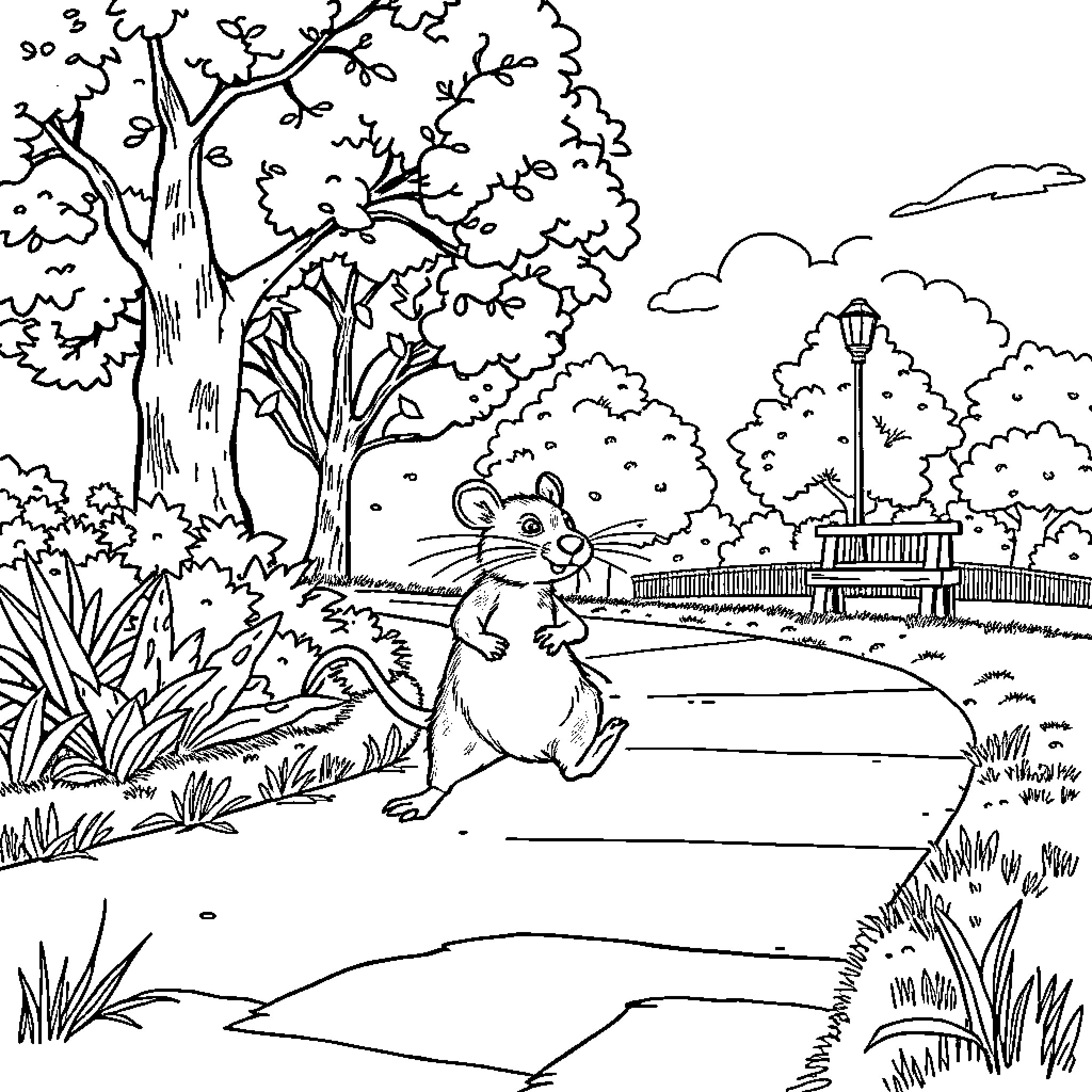 Rat exploring the lush garden landscape Coloring Page (free black-and-white line drawing printable PDF for all, from beginners to advanced learners, including children, teens, adults, and seniors)