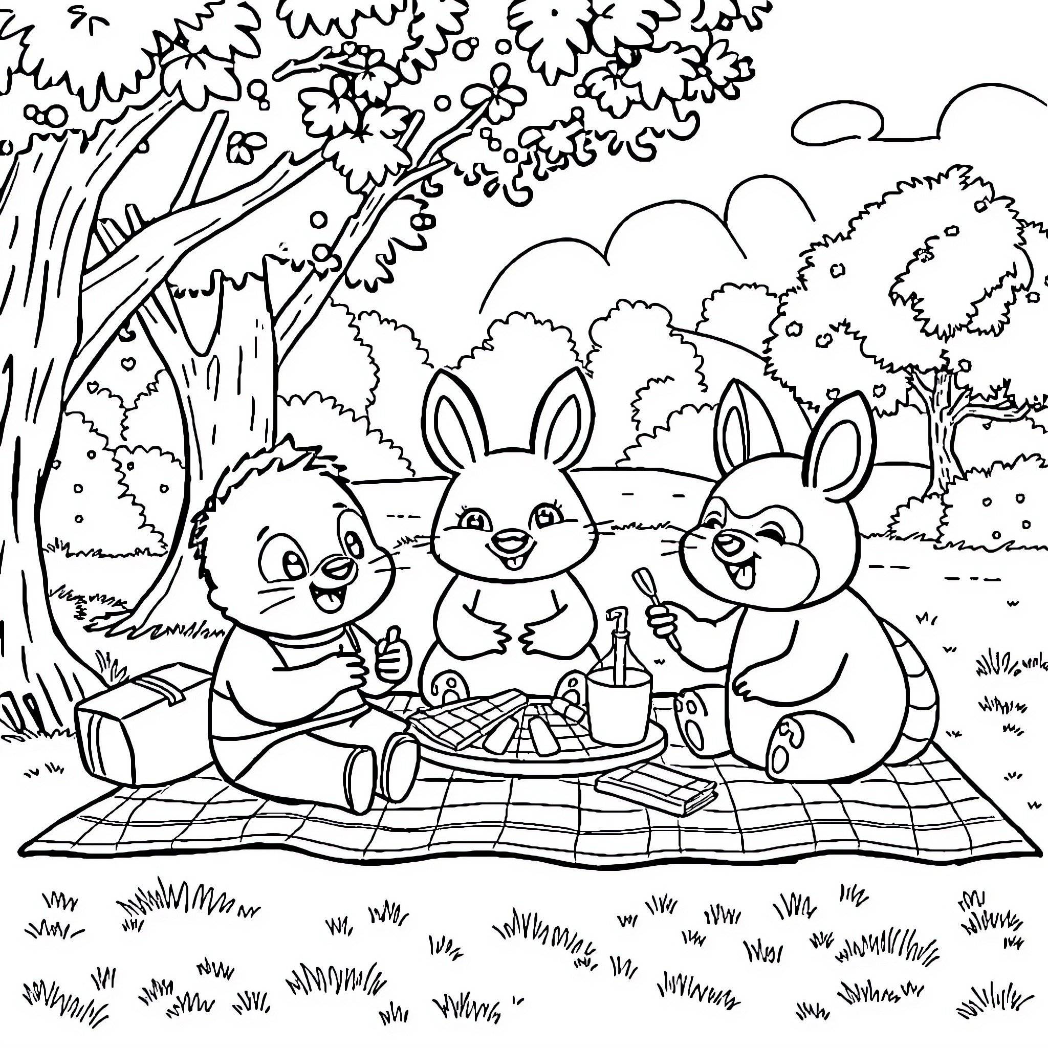 Quokka friends having a picnic in the park Coloring Page (free black-and-white line drawing printable PDF for all, from beginners to advanced learners, including children, teens, adults, and seniors)