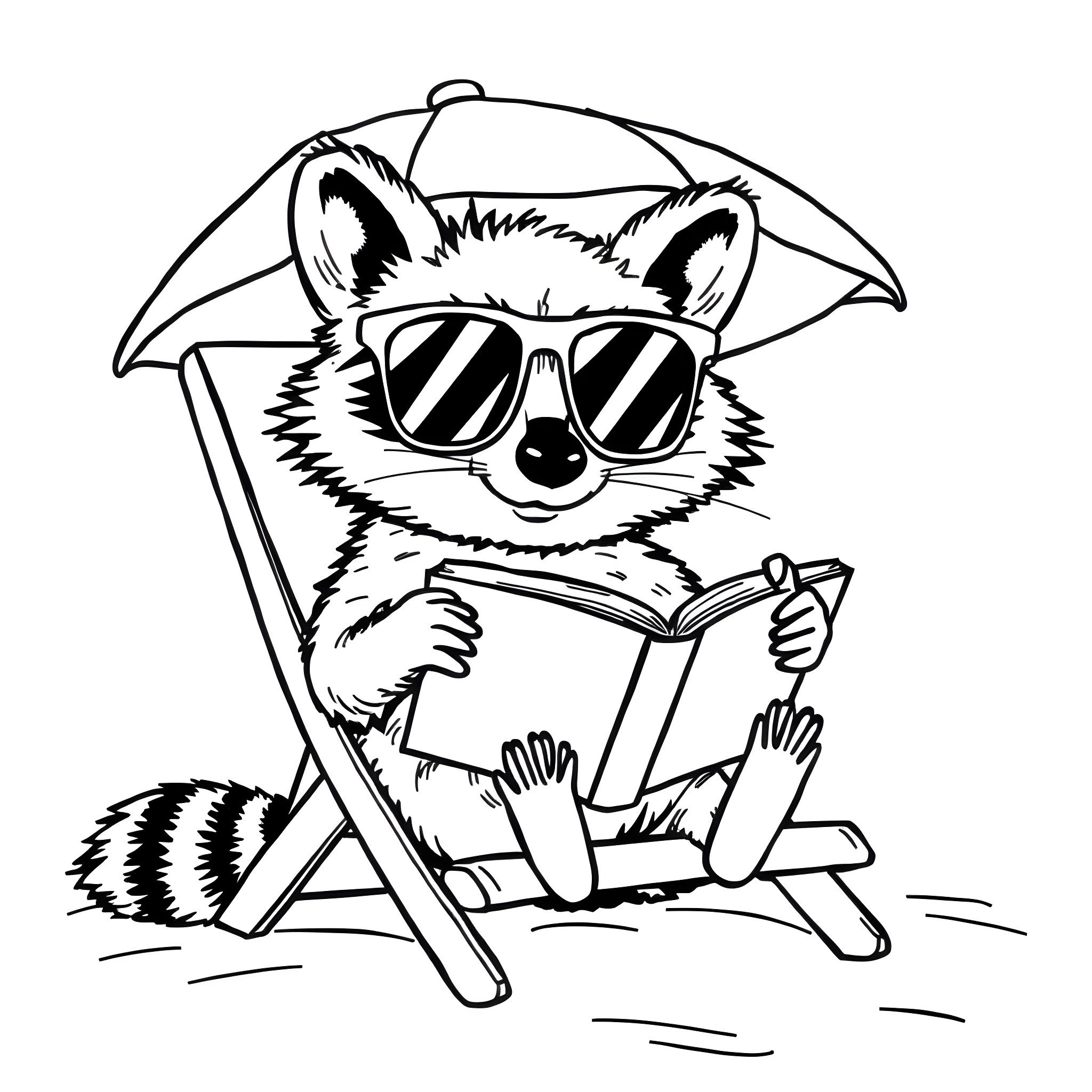 Raccoon relaxing on a beach chair with a book and sunglasses Coloring Page (free black-and-white line drawing printable PDF for all, from beginners to advanced learners, including children, teens, adults, and seniors)