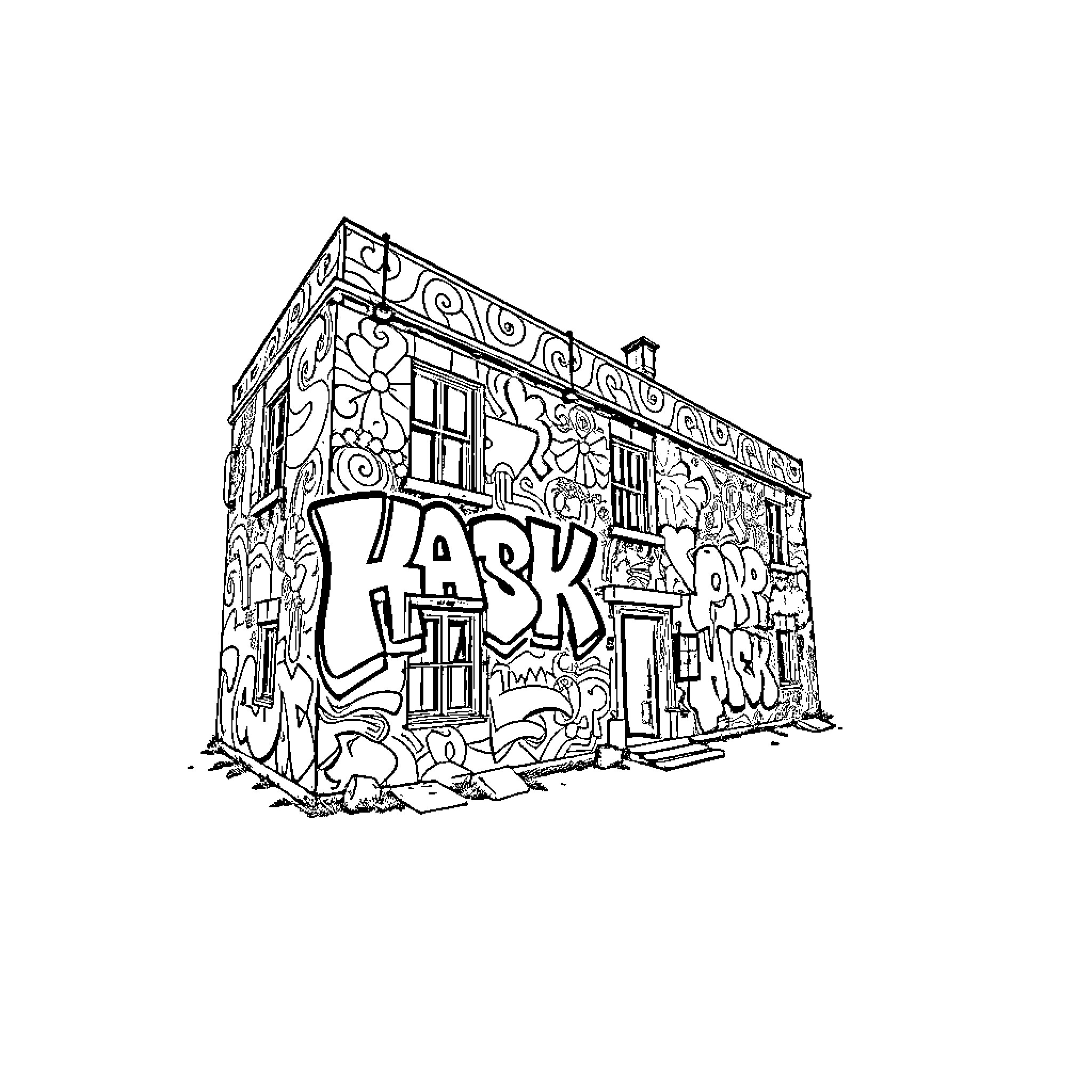 Graffiti covered building with intricate designs Coloring Page (free black-and-white line drawing printable PDF for all, from beginners to advanced learners, including children, teens, adults, and seniors)