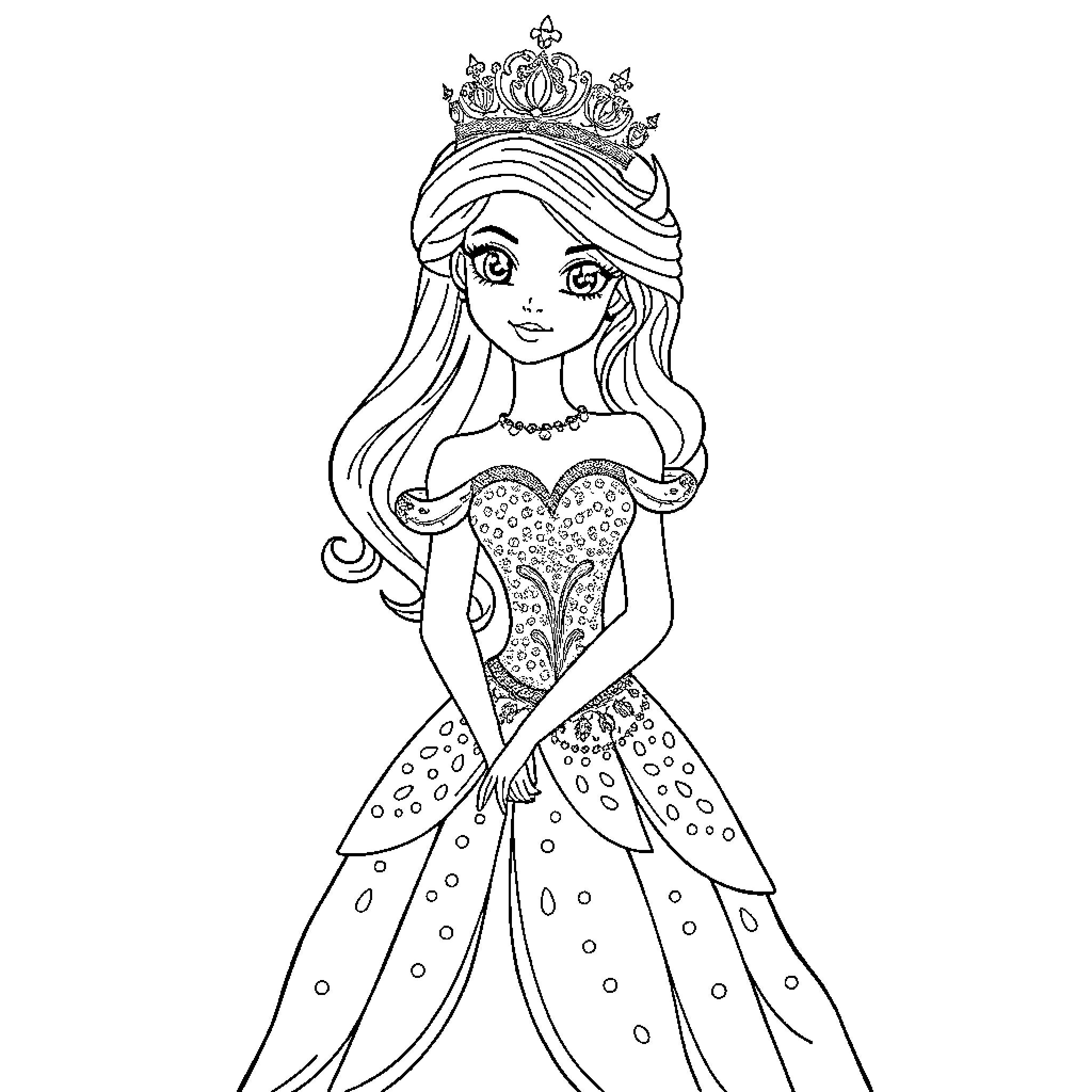 Princess in a Regal Gown and Crown Coloring Page (free black-and-white line drawing printable PDF for all, from beginners to advanced learners, including children, teens, adults, and seniors)