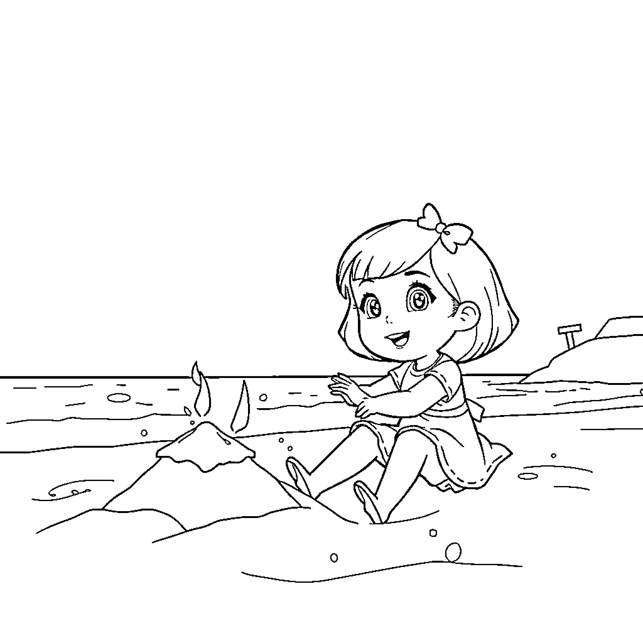 Masha playing in the sand on the beach Coloring Page (free black-and-white line drawing printable PDF for all, from beginners to advanced learners, including children, teens, adults, and seniors)