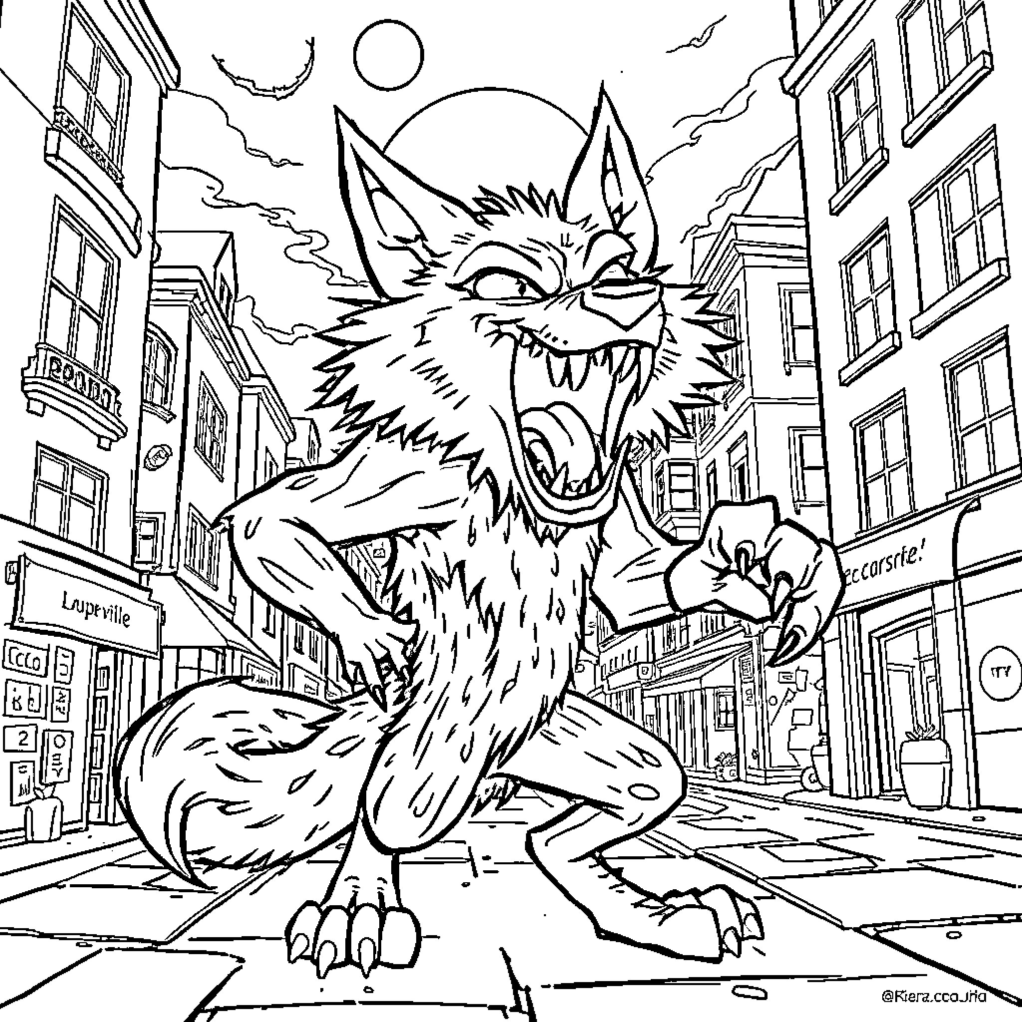 Loup Garou Terrorizing the City Streets Coloring Page (free black-and-white line drawing printable PDF for all, from beginners to advanced learners, including children, teens, adults, and seniors)