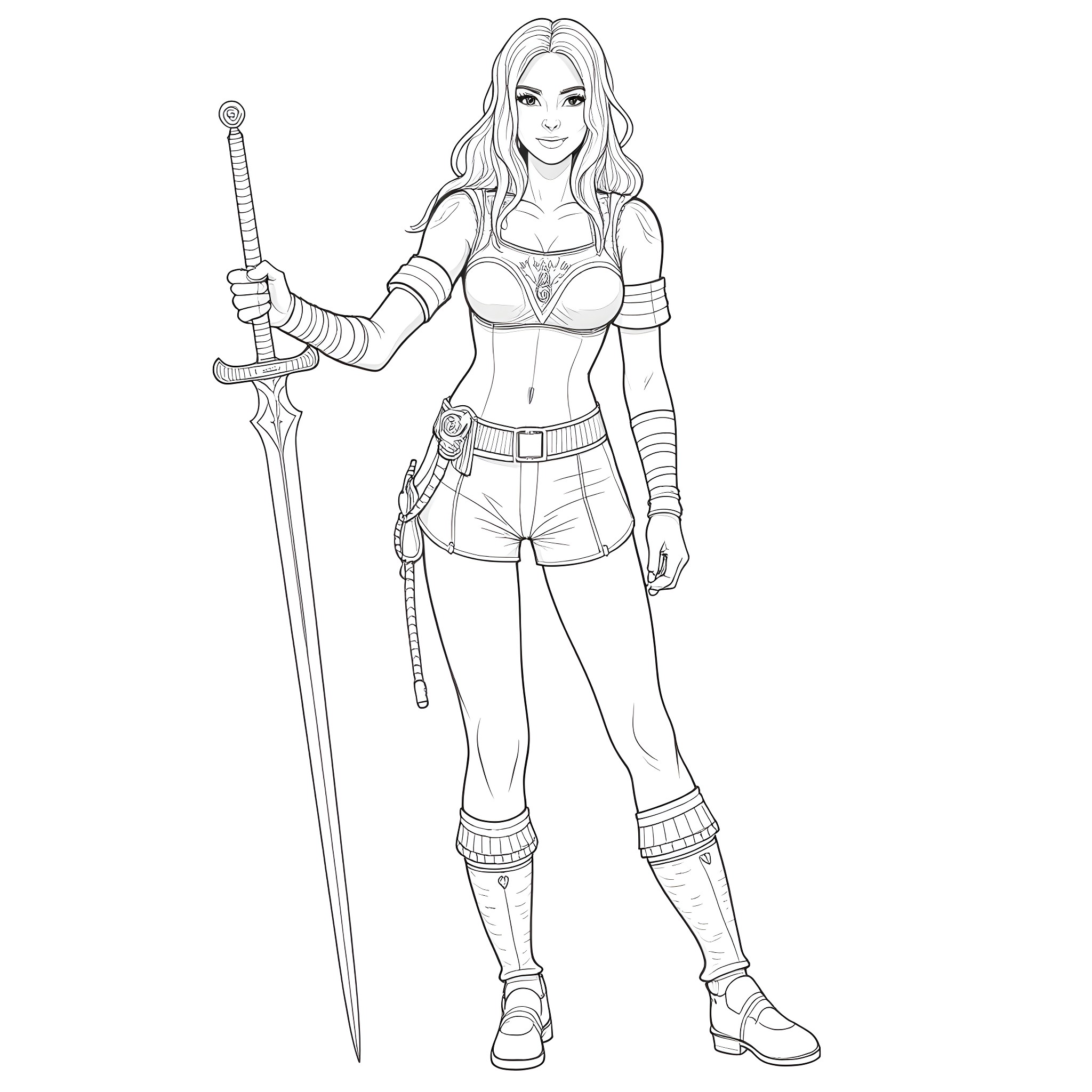 Woman in fantasy warrior attire holding a sword Coloring Page (free black-and-white line drawing printable PDF for all, from beginners to advanced learners, including children, teens, adults, and seniors)