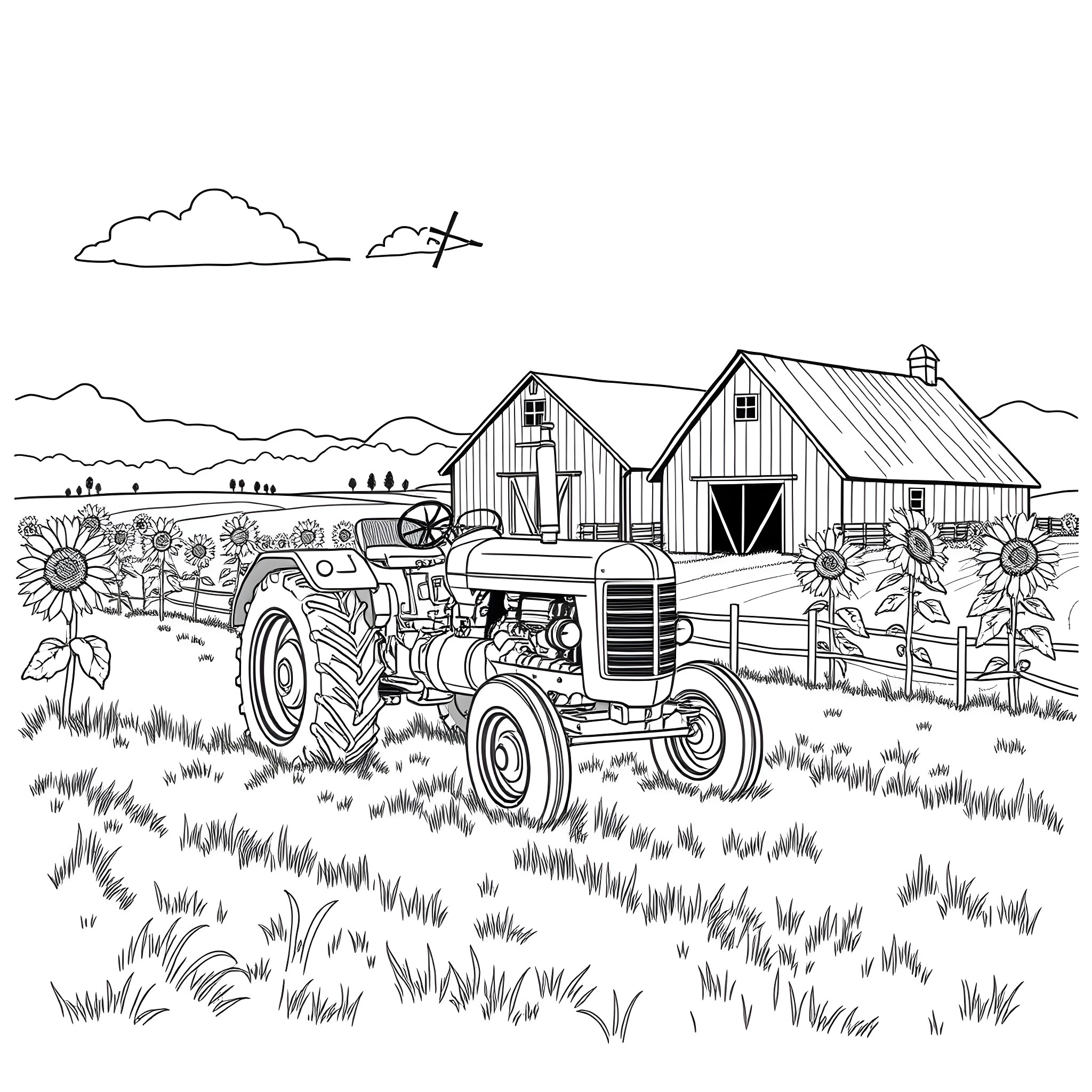Tractor working in the sunflower field near the barn Coloring Page (free black-and-white line drawing printable PDF for all, from beginners to advanced learners, including children, teens, adults, and seniors)