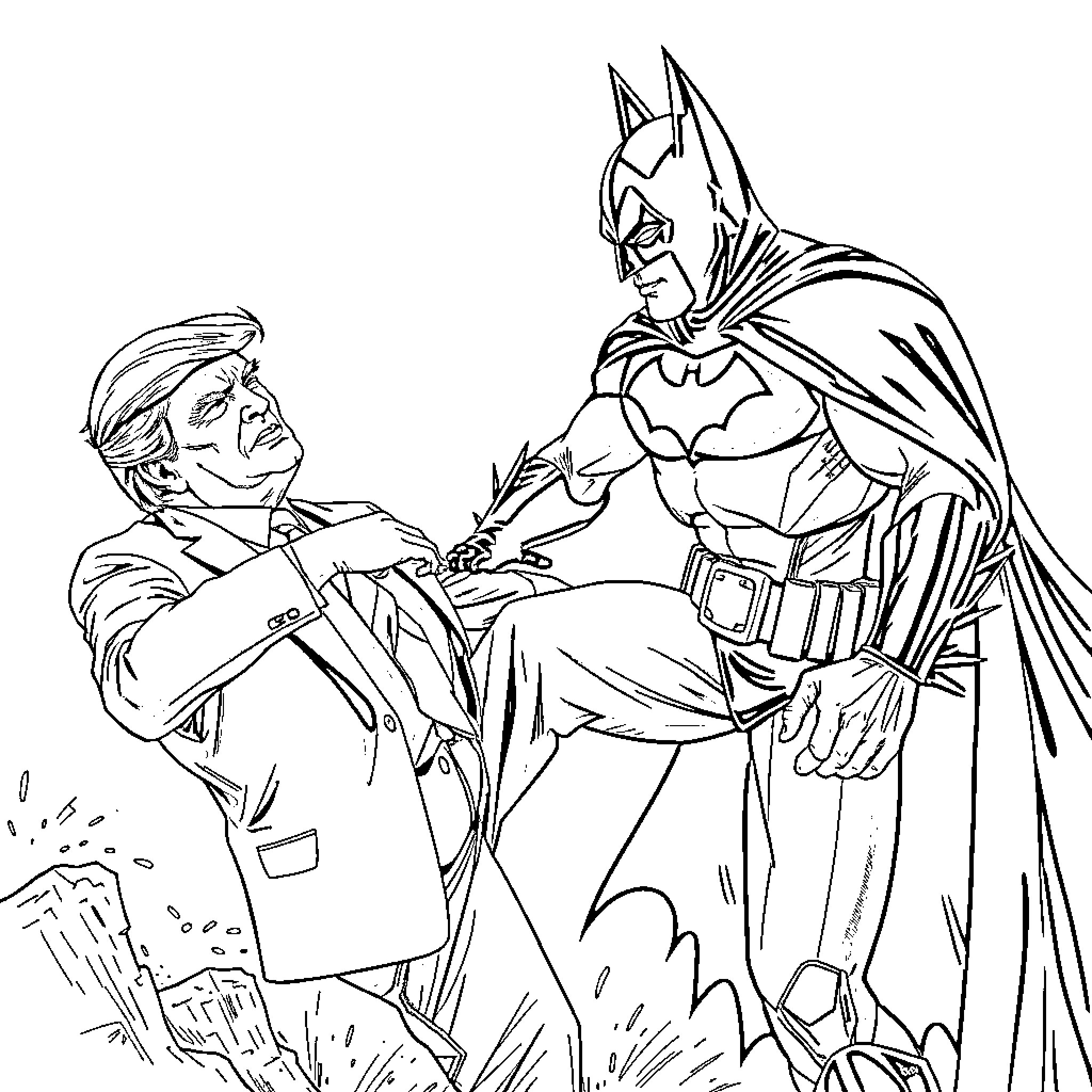 Batman helps injured civilian in distress Coloring Page (free black-and-white line drawing printable PDF for all, from beginners to advanced learners, including children, teens, adults, and seniors)