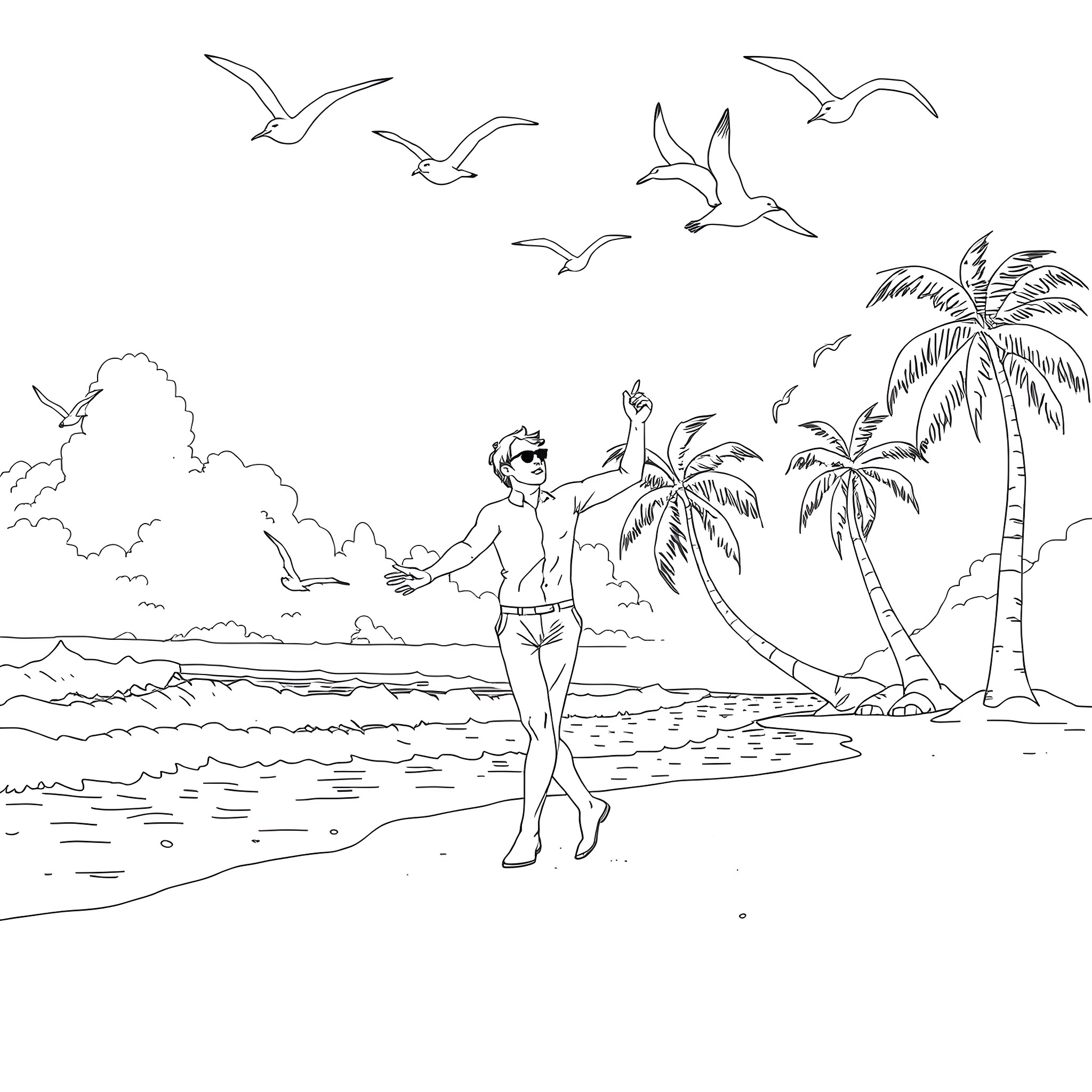 Steve enjoying a sunny day at the beach Coloring Page (free black-and-white line drawing printable PDF for all, from beginners to advanced learners, including children, teens, adults, and seniors)
