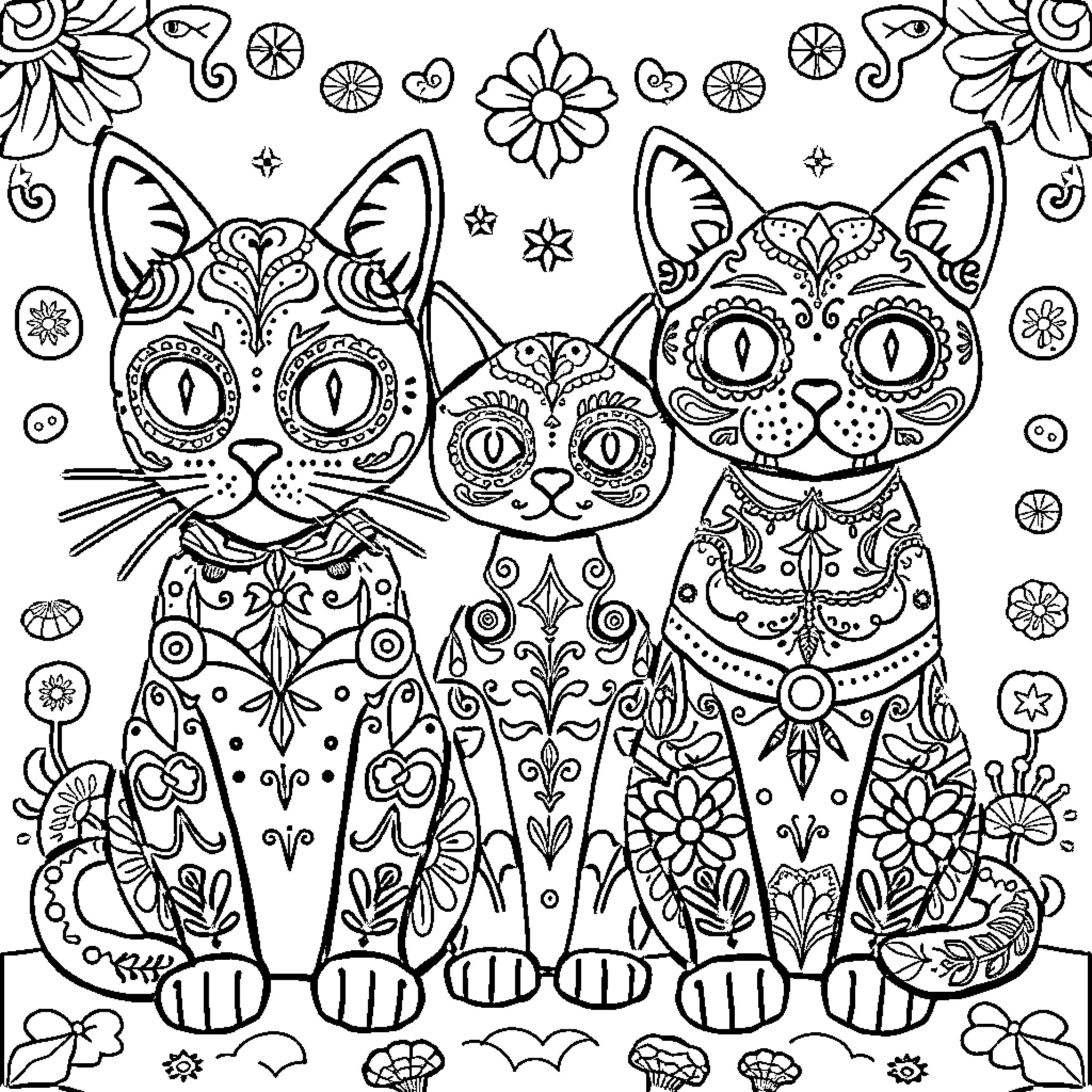 Sugar Skull Cats in Floral Outfits Coloring Page (free black-and-white line drawing printable PDF for all, from beginners to advanced learners, including children, teens, adults, and seniors)