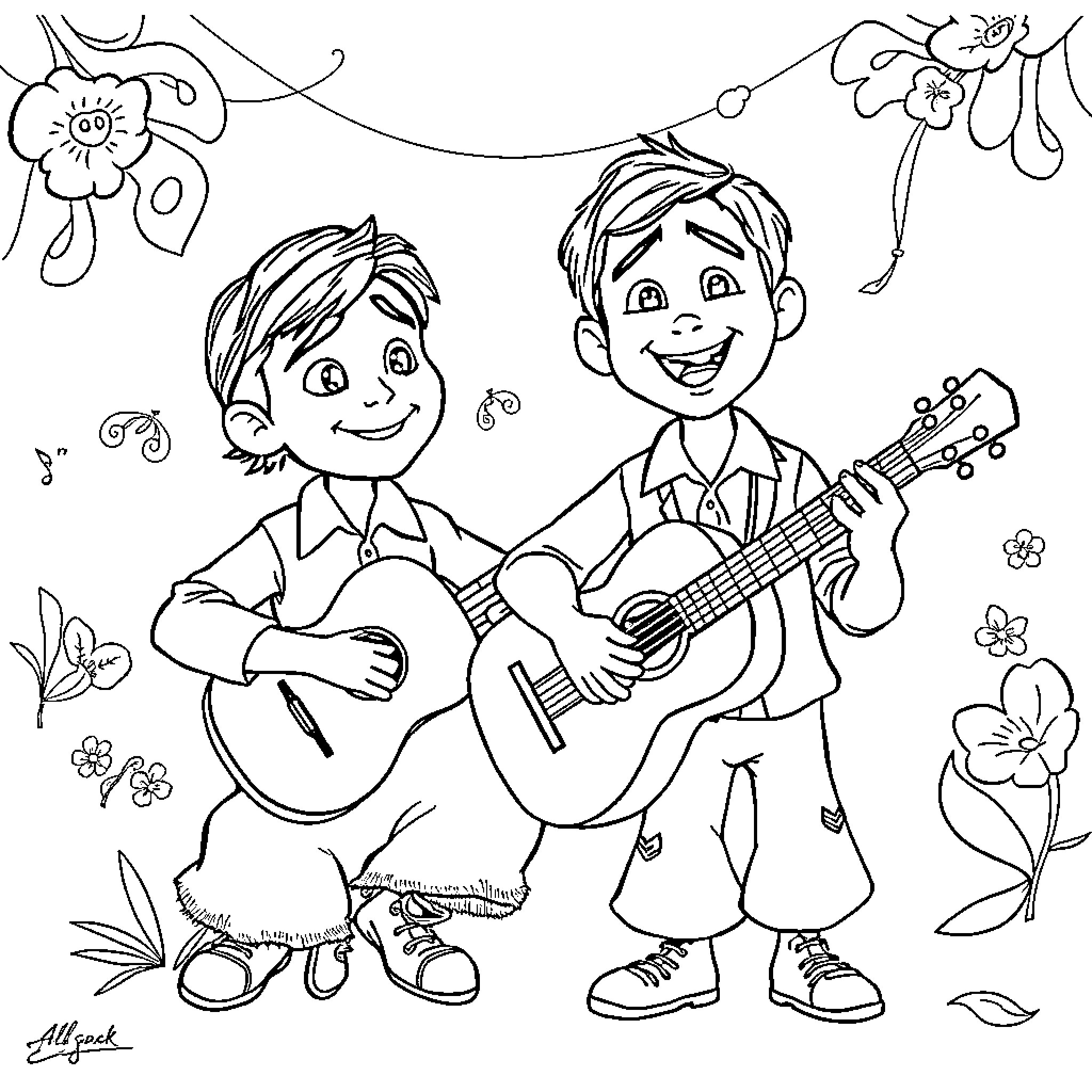Coco - Musical Boys Performing with Guitars Coloring Page (free black-and-white line drawing printable PDF for all, from beginners to advanced learners, including children, teens, adults, and seniors)