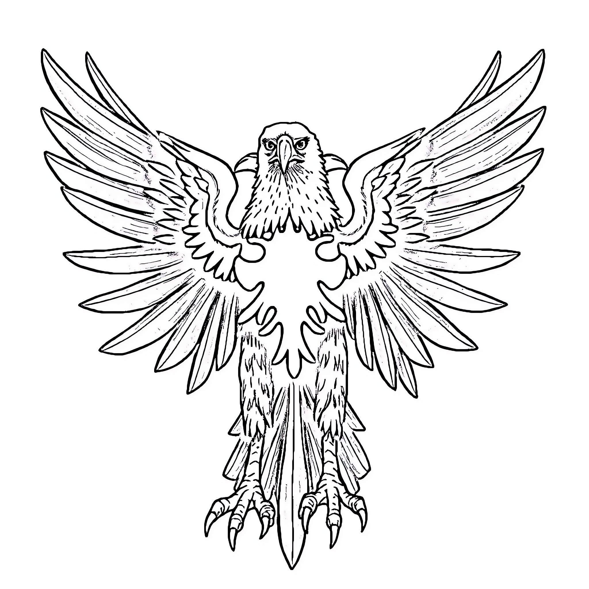 Eagle in flight with outstretched wings Coloring Page (free black-and-white line drawing printable PDF for all, from beginners to advanced learners, including children, teens, adults, and seniors)