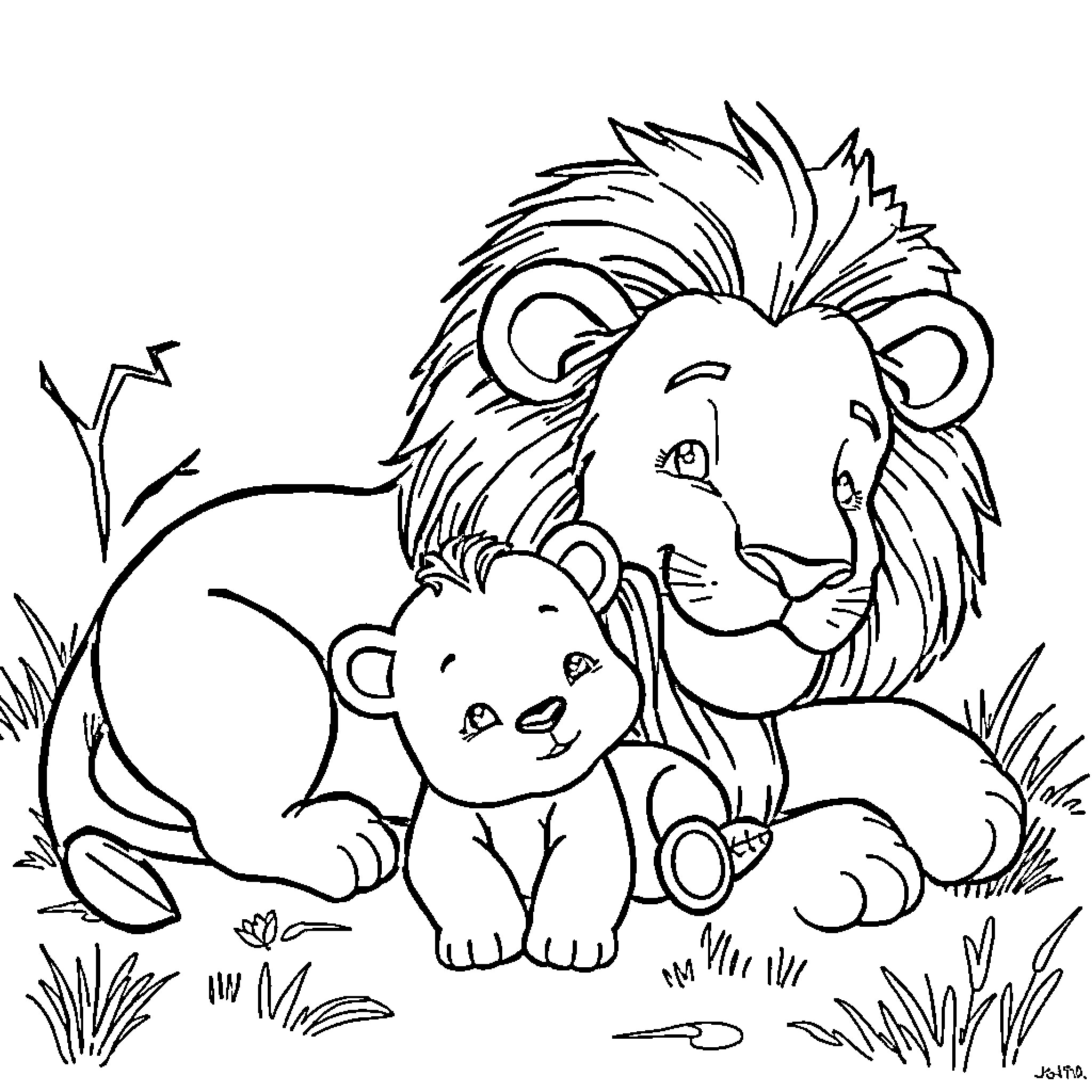 Lion and Cub Relaxing in the Wild Coloring Page (free black-and-white line drawing printable PDF for all, from beginners to advanced learners, including children, teens, adults, and seniors)