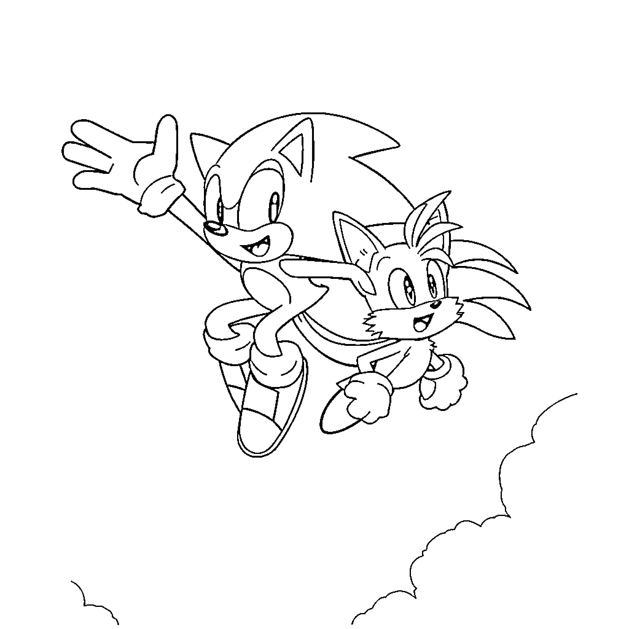 Sonic and Tails running and jumping through the sky Coloring Page (free black-and-white line drawing printable PDF for all, from beginners to advanced learners, including children, teens, adults, and seniors)