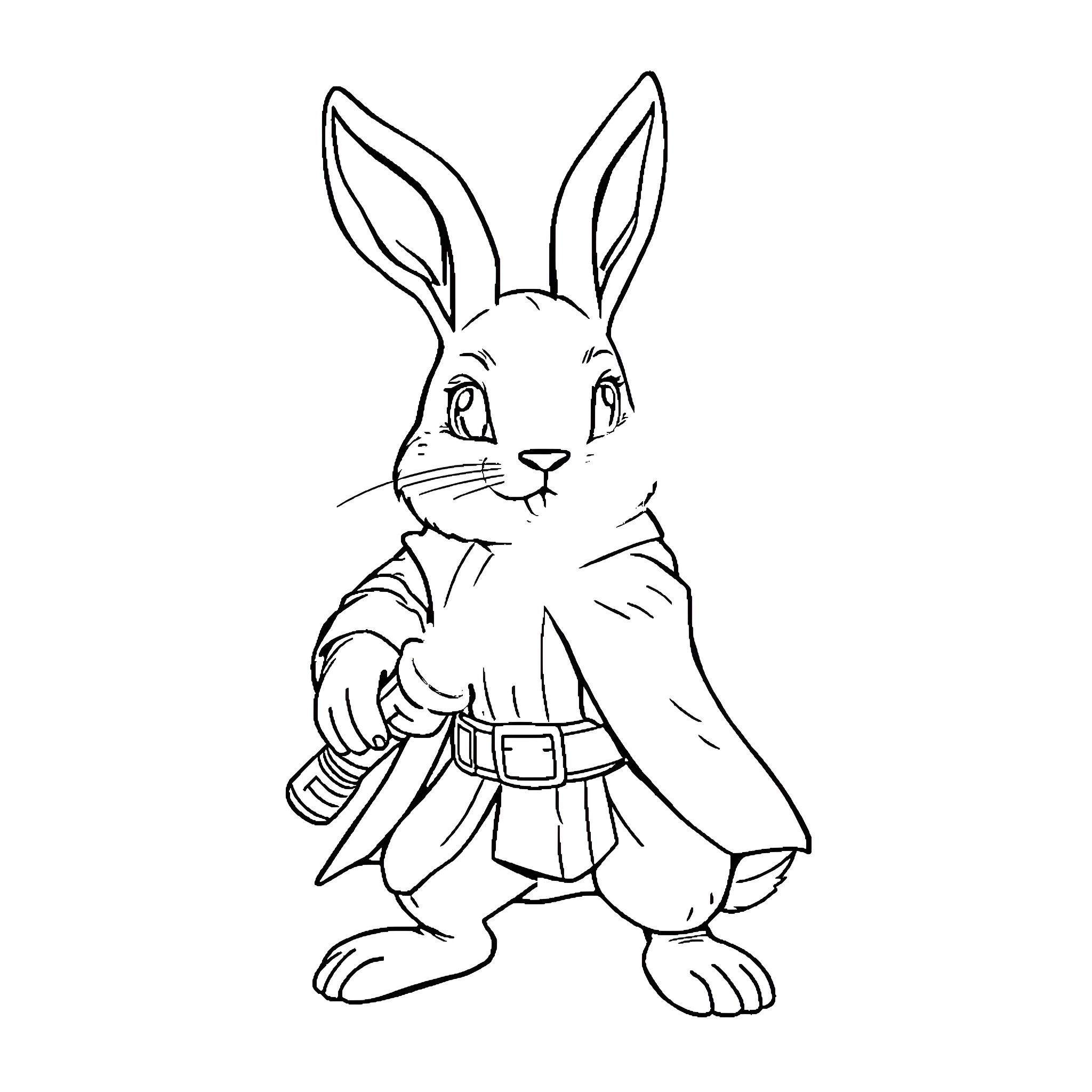 Darth Rabbit in a Heroic Pose Coloring Page (free black-and-white line drawing printable PDF for all, from beginners to advanced learners, including children, teens, adults, and seniors)