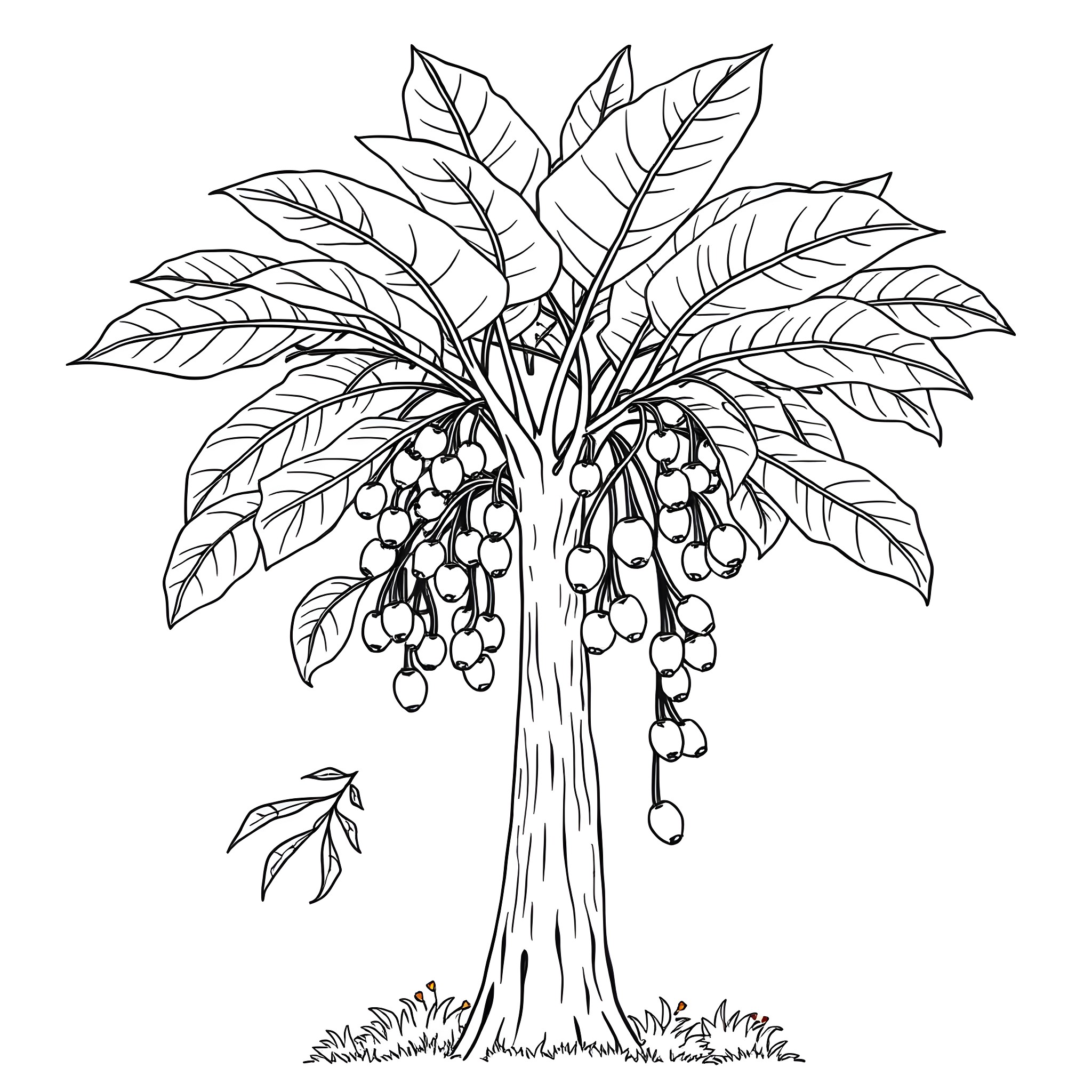 Paw Paw Tree with Hanging Fruits Coloring Page (free black-and-white line drawing printable PDF for all, from beginners to advanced learners, including children, teens, adults, and seniors)