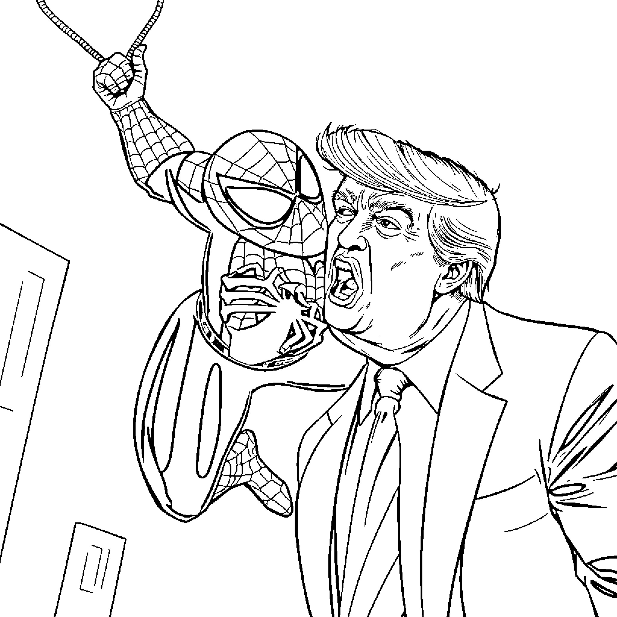 Trump Confronts Superhero in Dramatic Scene Coloring Page (free black-and-white line drawing printable PDF for all, from beginners to advanced learners, including children, teens, adults, and seniors)
