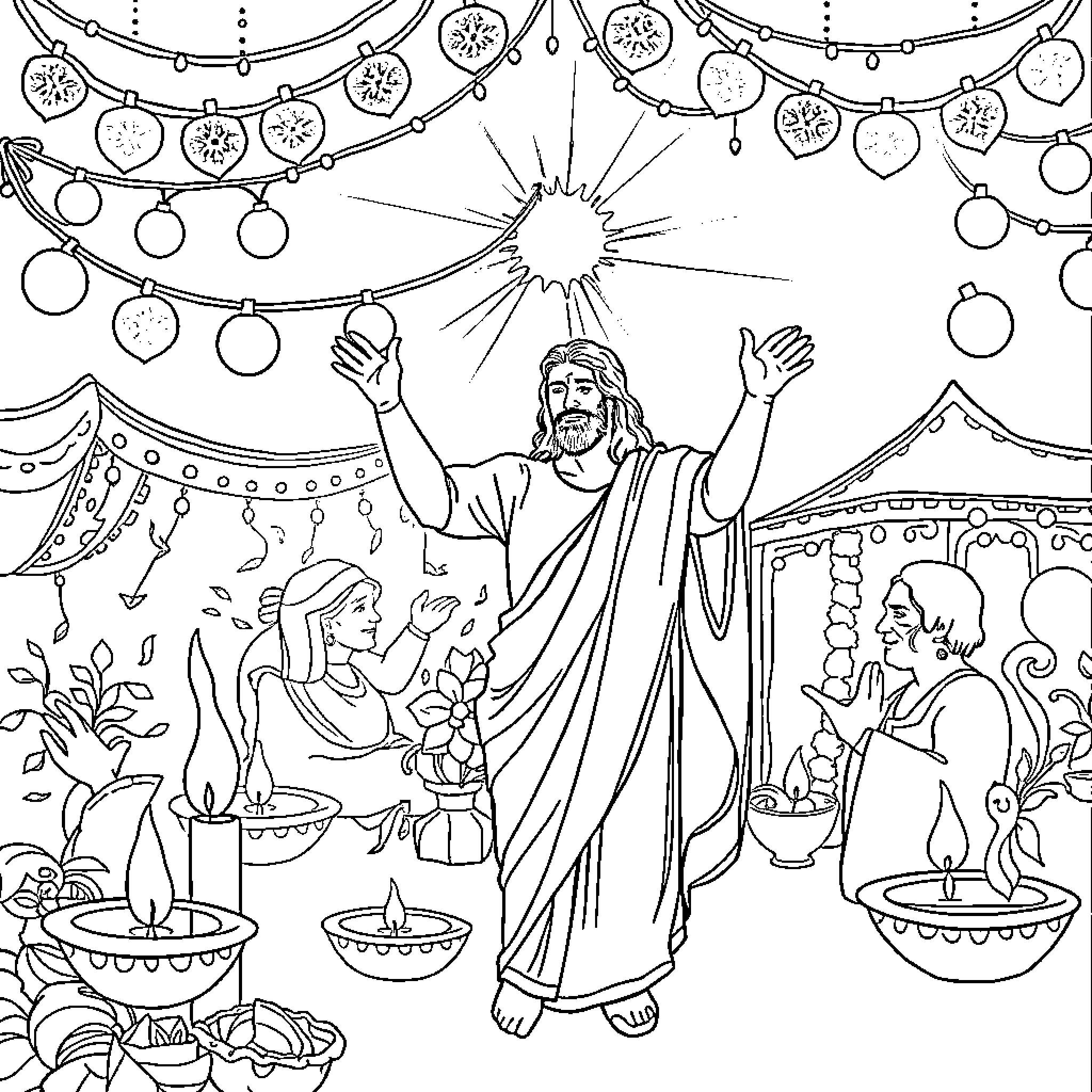 Jesus Celebrates with People in Festive Scene Coloring Page (free black-and-white line drawing printable PDF for all, from beginners to advanced learners, including children, teens, adults, and seniors)