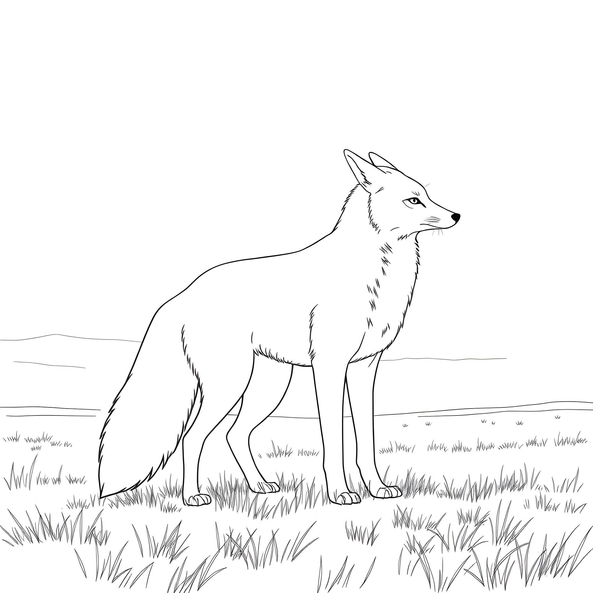 Fox standing alert in grassy field Coloring Page (free black-and-white line drawing printable PDF for all, from beginners to advanced learners, including children, teens, adults, and seniors)