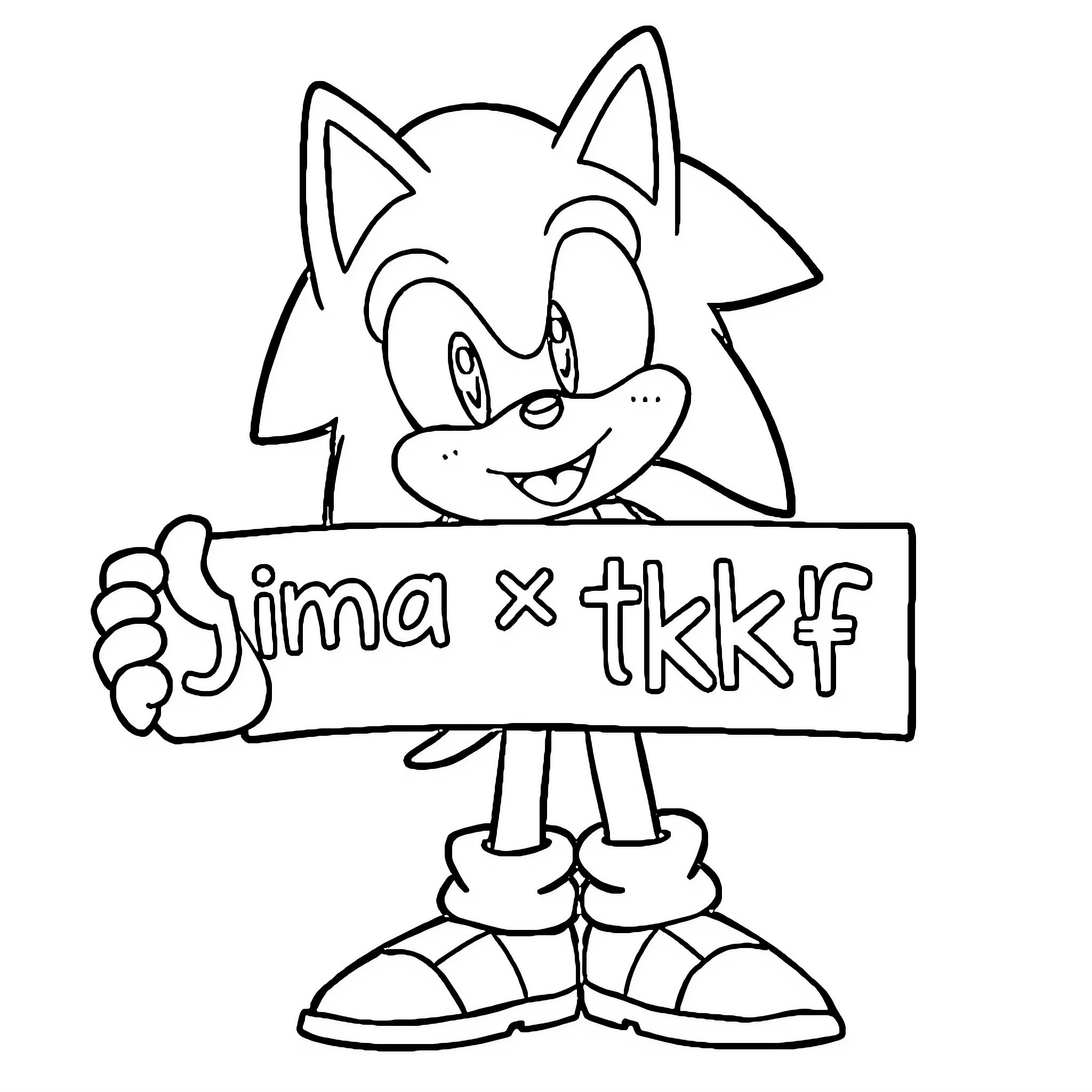 Sonic character holding a sign with text Coloring Page (free black-and-white line drawing printable PDF for all, from beginners to advanced learners, including children, teens, adults, and seniors)