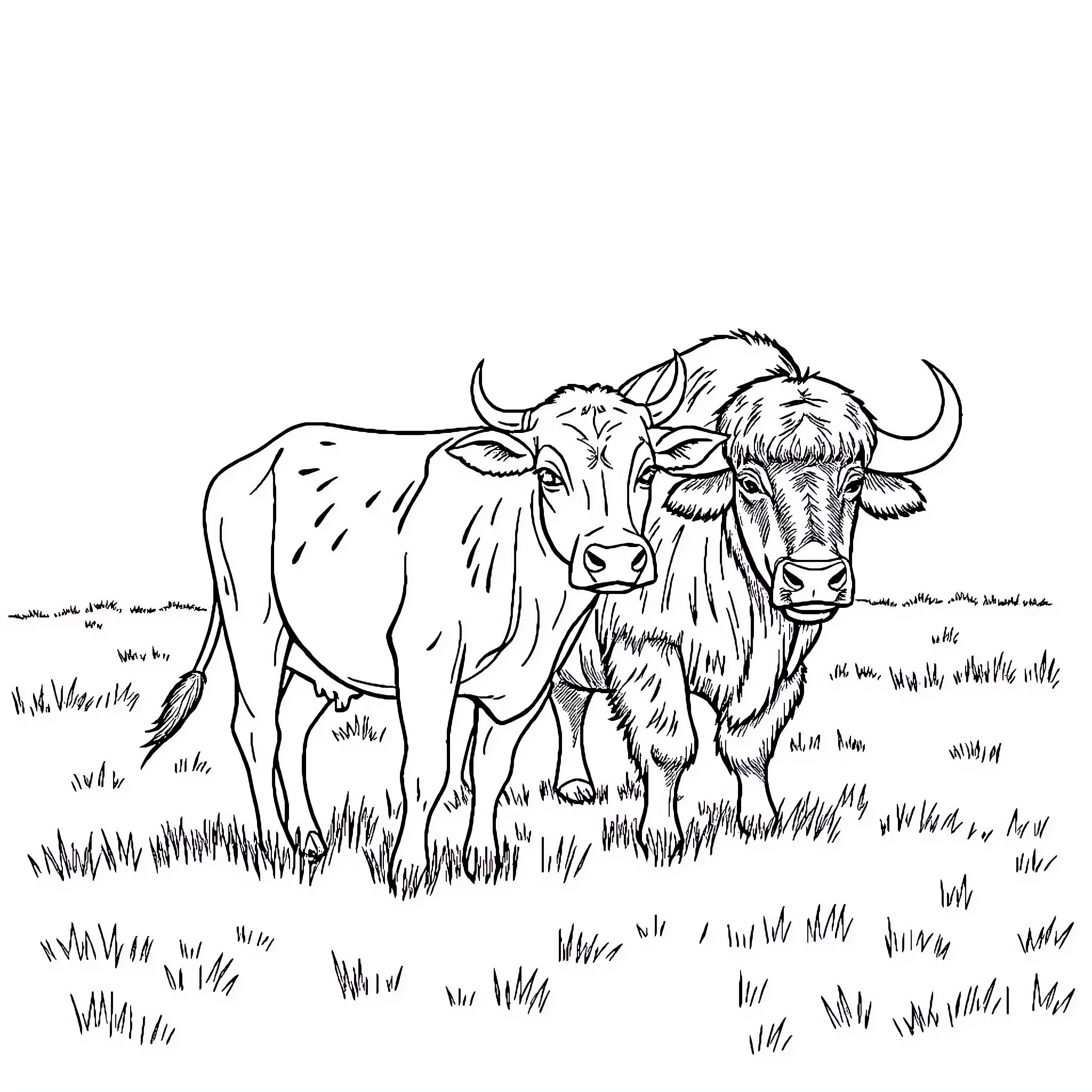 Cow standing in the grassy field Coloring Page (free black-and-white line drawing printable PDF for all, from beginners to advanced learners, including children, teens, adults, and seniors)