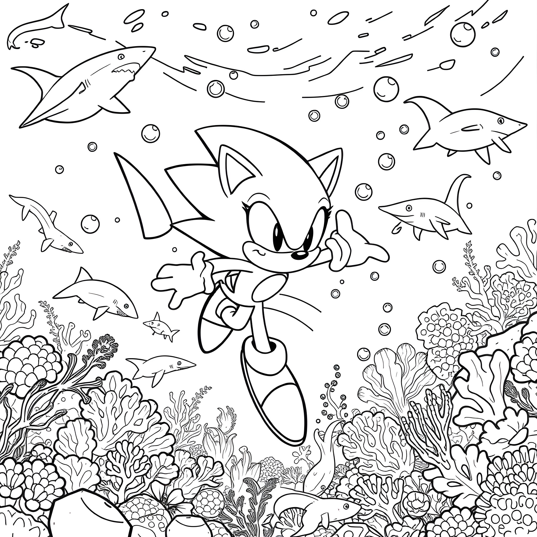Sonic the Hedgehog swimming underwater with marine life Coloring Page (free black-and-white line drawing printable PDF for all, from beginners to advanced learners, including children, teens, adults, and seniors)