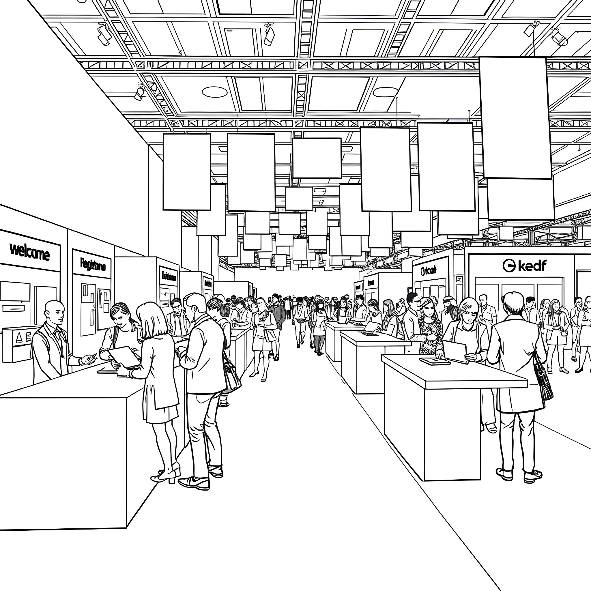 Exhibition of Busy People in Crowded Market Hall Coloring Page (free black-and-white line drawing printable PDF for all, from beginners to advanced learners, including children, teens, adults, and seniors)