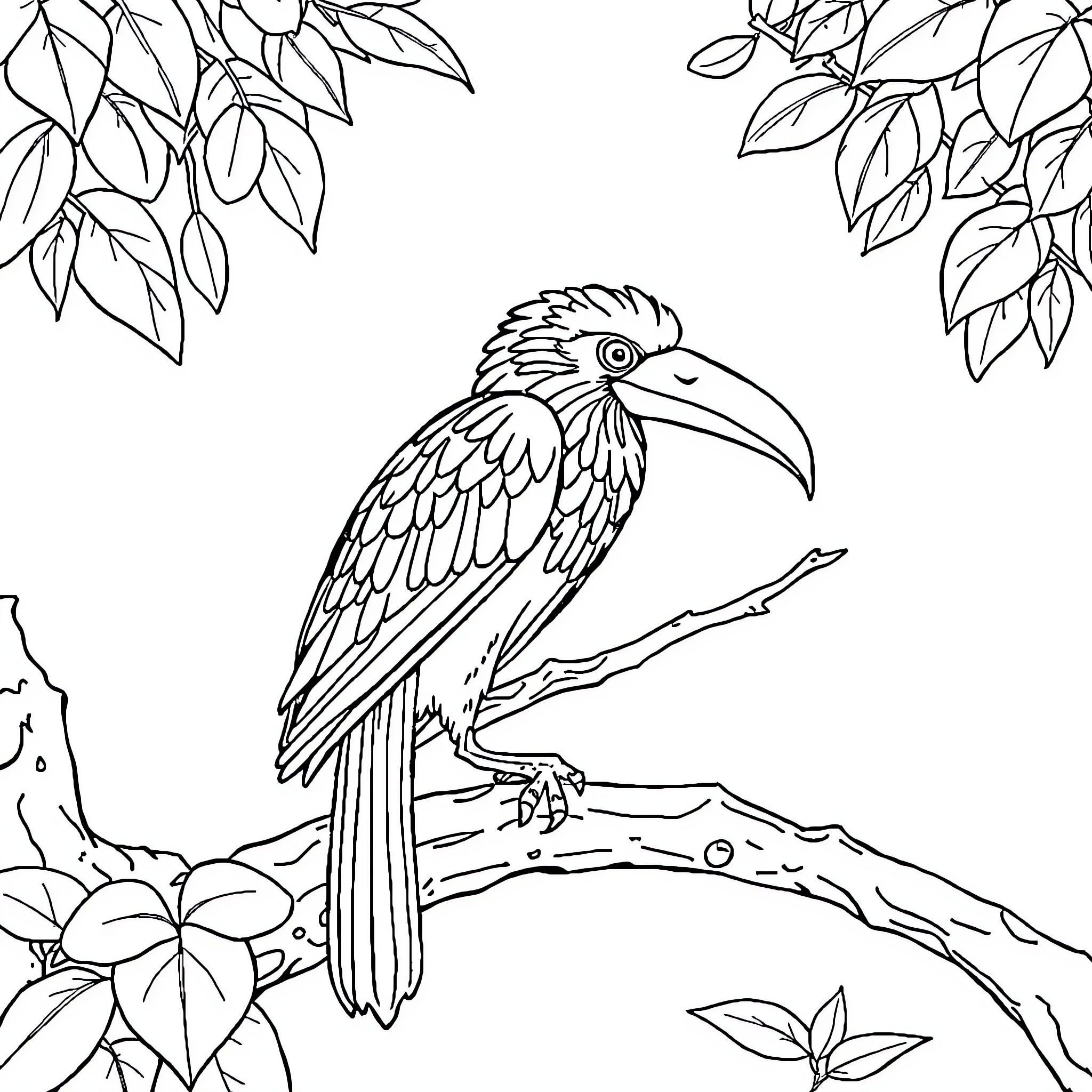 Animal bird perched on branch in forest Coloring Page (free black-and-white line drawing printable PDF for all, from beginners to advanced learners, including children, teens, adults, and seniors)
