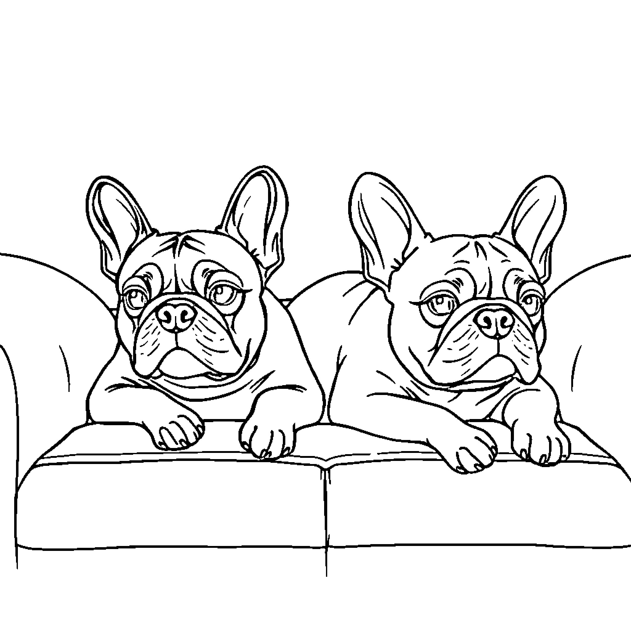 French Bulldog pair resting together Coloring Page (free black-and-white line drawing printable PDF for all, from beginners to advanced learners, including children, teens, adults, and seniors)