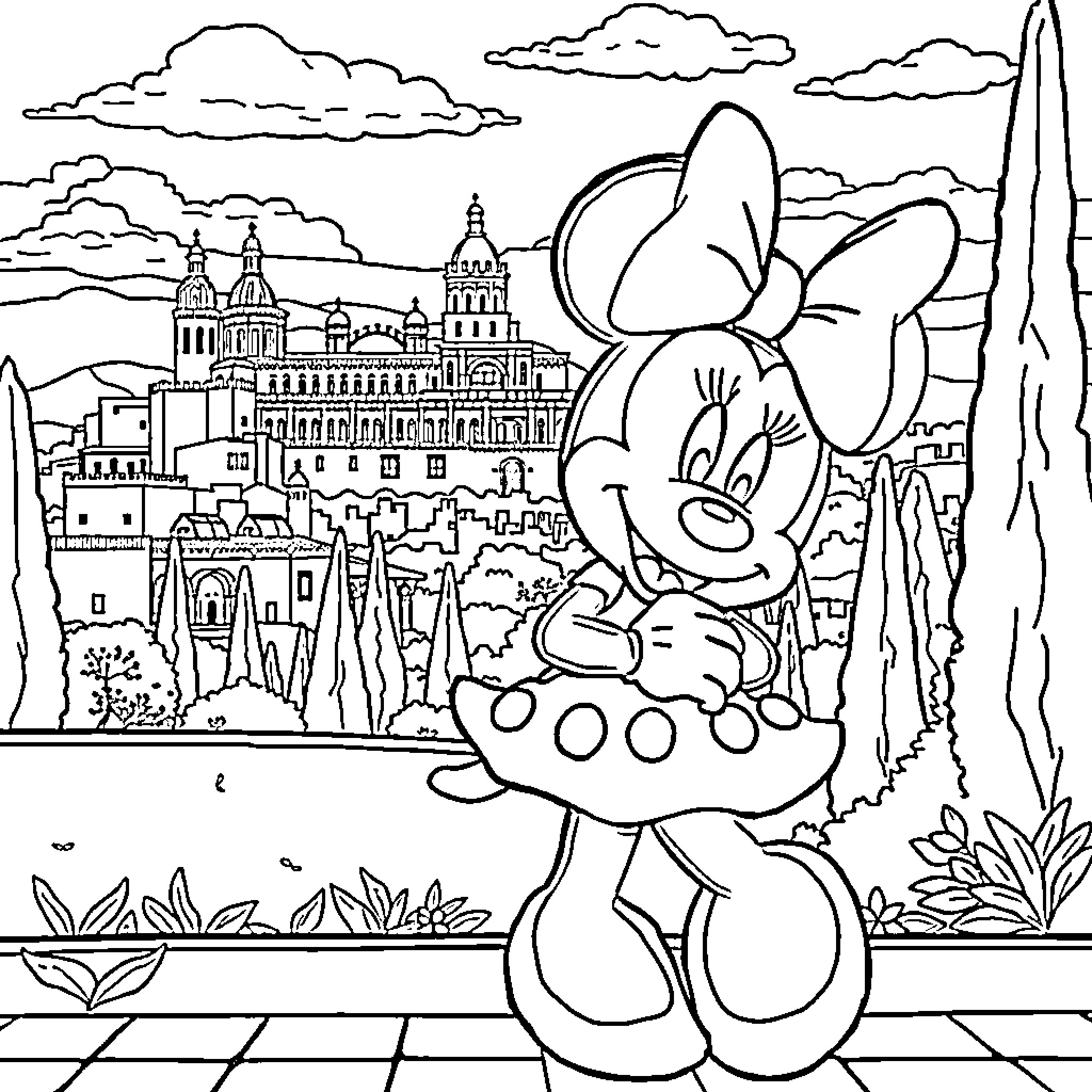 Minnie exploring a magical castle landscape Coloring Page (free black-and-white line drawing printable PDF for all, from beginners to advanced learners, including children, teens, adults, and seniors)
