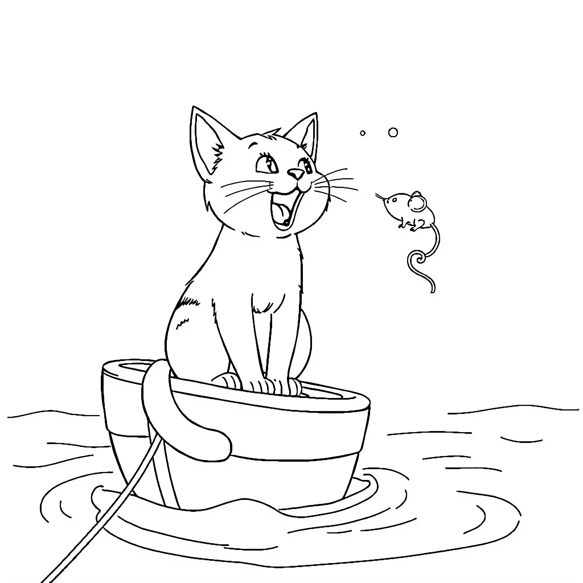 Cat enjoying a playful boat ride Coloring Page (free black-and-white line drawing printable PDF for all, from beginners to advanced learners, including children, teens, adults, and seniors)