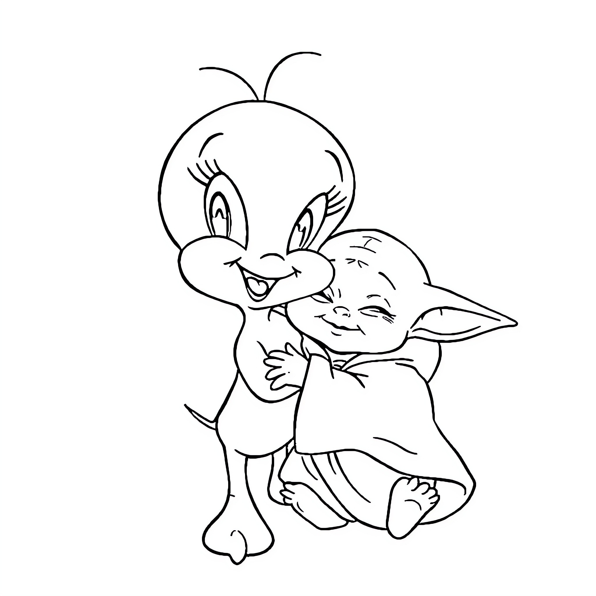 Tweetybird and Baby Yoda Playing Together Coloring Page (free black-and-white line drawing printable PDF for all, from beginners to advanced learners, including children, teens, adults, and seniors)