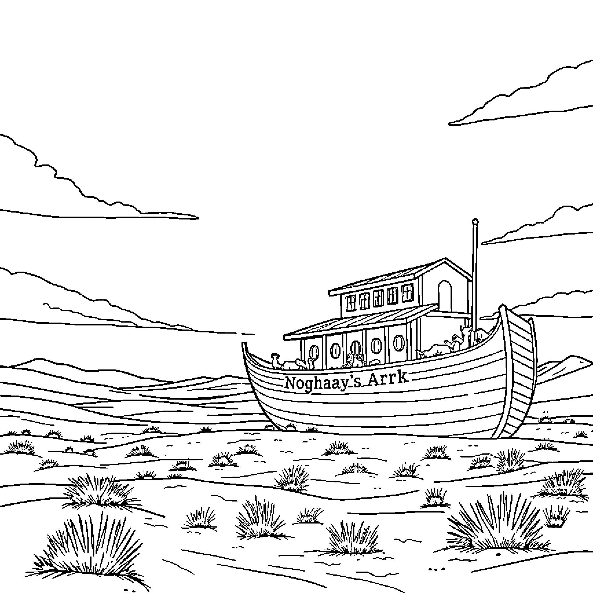 Noah's Ark traversing the vast waters Coloring Page (free black-and-white line drawing printable PDF for all, from beginners to advanced learners, including children, teens, adults, and seniors)