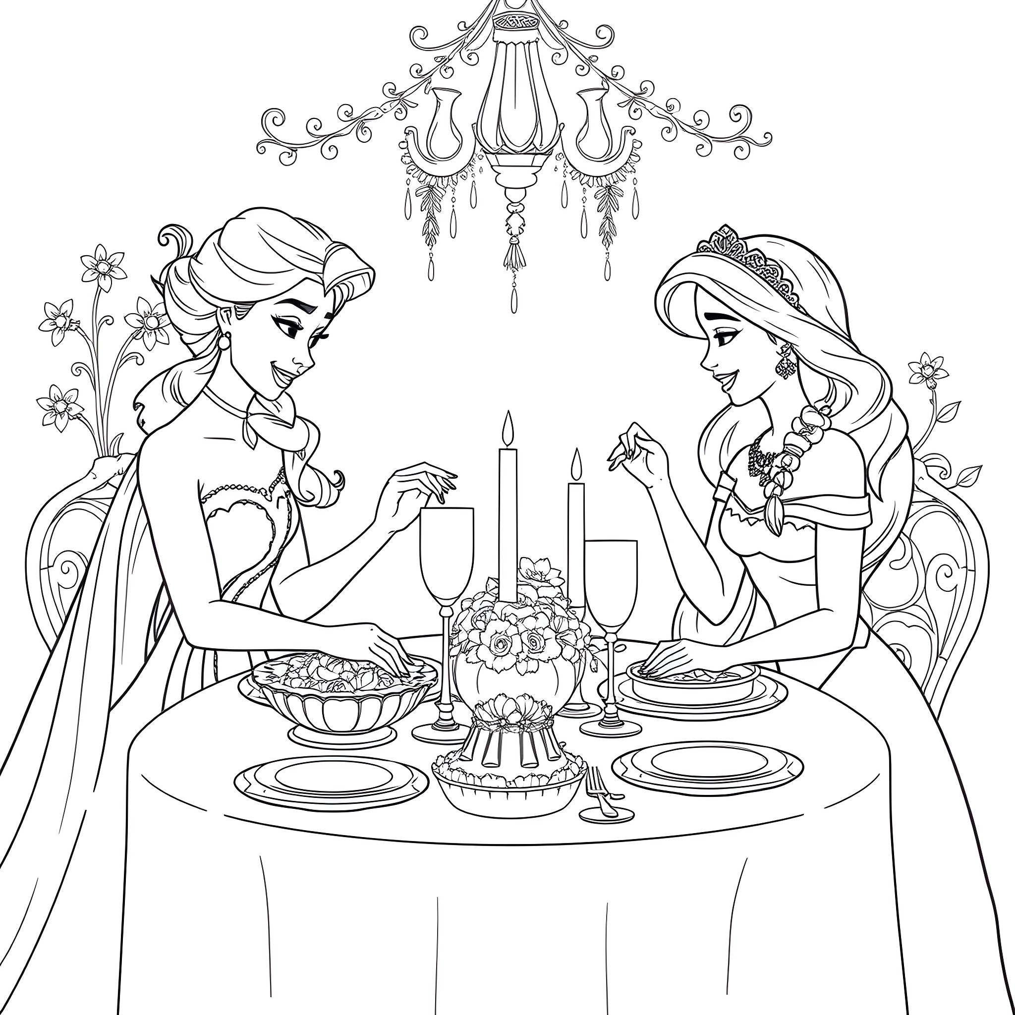 Elsa and Anna enjoying a formal dinner Coloring Page (free black-and-white line drawing printable PDF for all, from beginners to advanced learners, including children, teens, adults, and seniors)